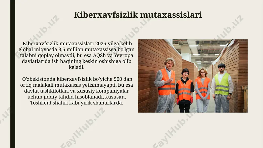 nejerlariga bo'lgan talab, ayniqsa, bank, telekom va davlat sektorlarida 20% ga o'sishi kutilmoqda. internet narsalarining (iot) mutaxassislari iot qurilmalarining kiberxavfsizlikka oid muammolarini hal qilish uchun 500 dan ortiq yangi turdagi dasturiy ta'minot va apparat vositalari ishlab chiqilishi kutilayotgan bo'lib, bu sohada mutaxassislarga ehtiyoj sezilarli darajada oshishini bildiradi. iot mutaxassislariga bo'lgan talab 2025-yilga kelib dunyo bo'ylab 30 millionni tashkil etadi, bu esa aqsh va xitoy kabi yirik mamlakatlarda yuqori maoshli ish o'rinlarini yaratishini anglatadi. energetika va ekologik muhandislar energetika va ekologik muhandislar 2030-yilga kelib, jahon boʻyicha 15 million dan ortiq yangi ish oʻrinlarini yaratadilar, bu esa energiya samaradorligi va qayta tiklanuvchi energiya manbalarini rivojlantirish bilan bogʻliq. yevropa ittifoqi tomonidan 2050-yilga kelib karbon neytrallikka erishish maqsadi, energiya samaradorligi va atrof-muhitni muhofaza qilish sohalarida 100 000 dan ortiq yangi mutaxassislarga bo'lgan talabni oshiradi. kosmik tadqiqotlar mutaxassislari xalqaro kosmik stantsiyasida (xks) amalga oshirilayotgan 100 dan ortiq ilmiy tajribalarni tahlil qilish va yangi tadqiqotlarni rejalashtirishda …