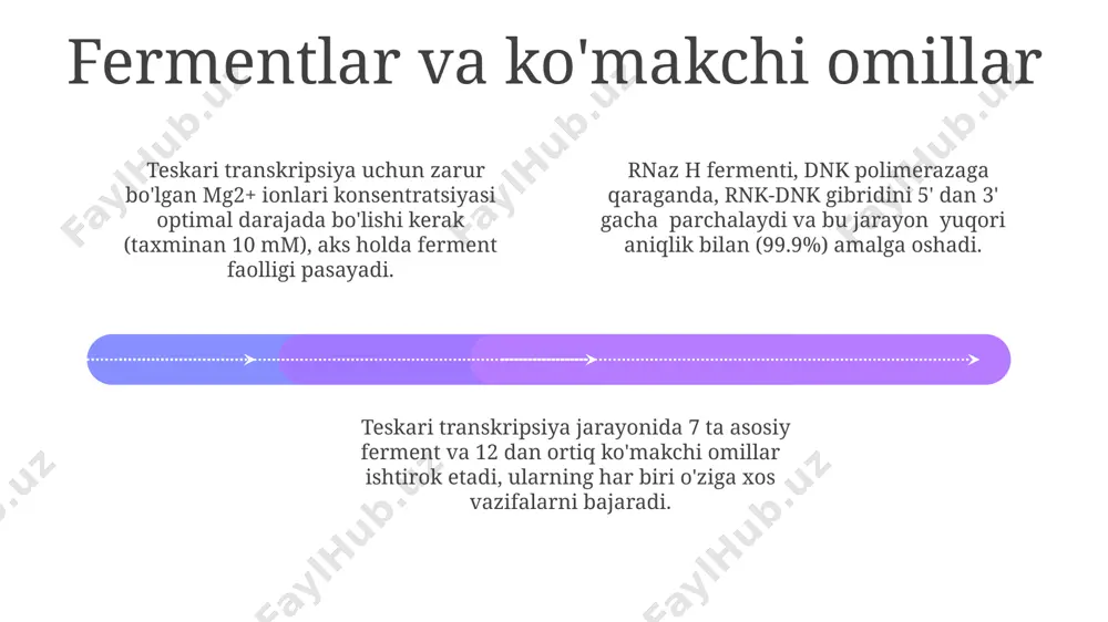 kdagi natijalar olish mumkin. onkogenlarni aniqlash add text add text add text add text add text add text mikrornklarning (mirnk) ifodalanishini aniqlash orqali onkogenlar faolligini bilvosita baholash mumkin, chunki mirnklar onkogenlar ekspressiyasin tartibga soladi. rt-pcr texnologiyasi yordamida onkogenlarning 1000 dan ortiq nusxasini aniqlash mumkin, bu esa saraton rivojlanishiga erta tashxis qo'yish imkonini beradi. o'sma genlarining (onkogenlarning) aniqlanishida teskari transkripsiya rnkdan dnk hosil qilish orqali 20 dan ortiq onkogenlarning ekspression darajasini aniqlashga yordam beradi. klinik qo'llanilishi 01 02 03 rnk viruslarining (masalan, hiv, sars-cov-2) genetik materialini aniqlash va miqdorini aniqlash uchun real vaqtli polimeraza zanjiri reaksiyasi (real-time pcr) kabi diagnostika usullarida teskari transkripsiya qo'llaniladi. o'sma hujayralarida onkogenlarning ekspression darajasini aniqlash uchun teskari transkripsiya-pcr (rt-pcr) dan foydalaniladi. bu 10 dan ortiq turdagi saraton kasalliklarini tashxislashda muhim ahamiyatga ega. teskari transkripsiya fermentini o'z ichiga olgan terapevtik vositalar ba'zi genetik kasalliklarni davolashda, masalan, 50 dan ortiq mutatsiyaga ega bo'lgan genlarni tuzatishda qo'llanilishi mumkin. sales …