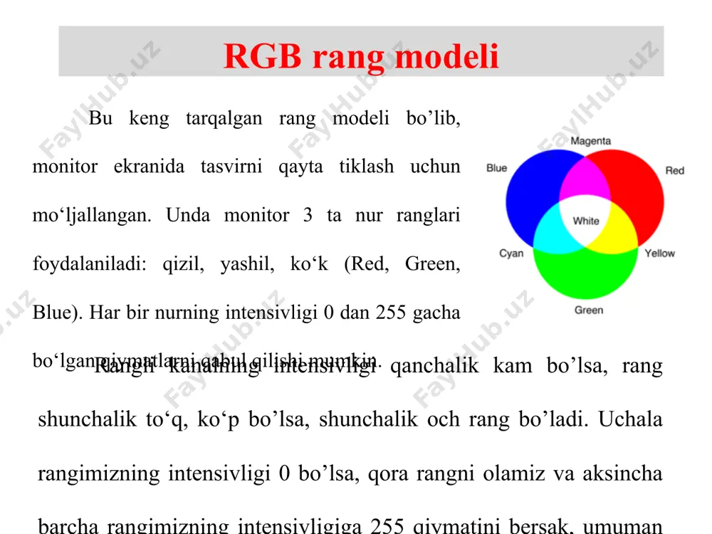 shrni chop etishga tayyorlashda qo‘llaniladi. cmyk rang komponentlari sifatida, asosan, oq rangdan ayirish natijasida hosil bo'lgan quyidagi ranglar xizmat qiladi: - havo rang (cyan) = oq - qizil = yashil + ko‘k; - binafsha rang (magenta) = oq - yashil = qizil + ko‘k; - sariq (yellow) = oq - ko‘k = qizil + yashil. cmyk rang modelida havo rang, binafsha rang, sariq va qora rang foizlarda ifodalanadi. masalan, cmyk jadvalida qizil rang - 14% havo rang, 100% binafsha rang, 99% sariq va 3% qora ranglardan iborat. oq rang - 0% ko'k, 0% qizil, 0% sariq va 0% qora (oq qog'ozda siyoh yo'qligi) cmyk modelining afzalliklari 1. cmyk bosib chiqarishda yarim tonlama deb nomlangan xususiyat mavjud. bunda har bir asosiy rangning nuqtalari shunchalik kichkina naqshda chop etiladiki, odamlar ranglarni aniq sezadilar. bu ranglarning to'liq diapazonini ishlab chiqarishga imkon beradi. agar bu xususiyat bo'lmaganida, cmyk printerlari faqat yettita qattiq rangni ishlab …