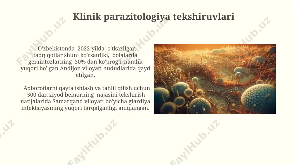 mikroarray texnologiyalari, 1000 dan ortiq parazit dnk ketma-ketliklarini bir vaqtning o'zida aniqlash imkonini berib, aqsh va yevropa mamlakatlarida yuqori aniqlikdagi diagnostika uchun qo'llaniladi. ngs (next-generation sequencing) texnologiyasi, butun genomni tahlil qilish orqali 2000 yildan keyin rivojlangan va parazitlarning genetik xilma-xilligini aniqlash imkoniyatini beradi, bu esa o'zbekiston kabi endemik hududlar uchun muhimdir. mikroskopik tekshiruv usullari qo'shma shtatlarda 20-asrning o'rtalarida ishlab chiqilgan, fluorestsent mikroskopiya usullari, masalan, immunofluorestsentsiya, parazitlarni aniqlash uchun yangi imkoniyatlar ochdi va diagnostika sezgirligini oshirdi. giemsa bo'yog'i bilan bo'yash usuli, ayniqsa, qon parazitlarini, masalan, malyariya plazmodiylarini aniqlashda, 1900-yillarning boshlarida tropik mamlakatlarda keng qo'llanila boshlandi va yuqori aniqlikni ta'minladi. xx asrda parazitologiyaning yutuqlari 19-asr oxiri va 20-asr boshlarida, germaniya va fransiya olimlari tomonidan parazitlarning hayot sikllarini batafsil o'rganish bo'yicha muhim kashfiyotlar qilingan bo'lib, bu kasalliklarni oldini olish usullarini ishlab chiqishga olib keldi. tropik mamlakatlarda, masalan, braziliya va hindistonda, 20-asr davomida malyariya va shishgan kasalliklarni davolash uchun yangi dori-darmonlar va profilaktika usullari …