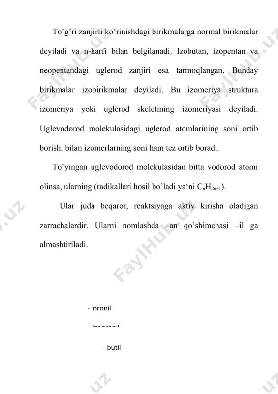 keladi. demak bu reaktsiyalarni quyidagi tartibda boradi deyish mumkin: > > > yod bilan bu reaktsiya qaytar xarakterga ega. 2.nitrolanish reaktsiyasi. kontsentrlangan kislotalar oddiy sharoitda ta‘sir etmaydi. qizdirilganda esa parchalanadi. konovalov (1888) ma‘lum sharoitda suyultirilgan nitrat kislotasi alkanlarni nitrolab nitrobirikmalar hosil qilishni ko’rsatdi. mexanizm: embed equation.3 bu reaktsiyada asosiy mahsulot 2-nitropropan lekin kam miqdorda bo’lsada, 1-nitropropan ham hosil bњladi: 3. sulfoxlorlash reaktsiyasi yorug’lik nuri ta‘sirida yoki qizdirilganda boradi va radikal o’rin olish mexanizmiga ega. 2-nitropropan 2-metil,2-sulfonilxlorid propan mexanizmi: 4. sulfooksidlanish reaktsiyasi. alkansulfo kislotalar xosilalari (с10-с16) sintetik yuvish vositalari sifatida ishlatiladi. 5. sulfolash reaktsiyasi. (олеум ( ) 6.oksidlanish reaktsiyalari. to’yingan uglevodorodlar yuqori haroratlarda (300oc) oson alangalanib so’ngra yonadi va hosil qiladi. alkanlar yuqori bo’lmagan haroratlarda (200o), havodagi kislorod bilan marganets (iv)-oksidli katalizatorlar ishtirokida oksidlanadi. bu reaktsiya natijasida quyi molekulali uglevodorodlarning kislorodli birikmalarini hosil qiladi. bunda uglerod-uglerod bog’lari uziladi va to’yingan kislotalar aralashmalari hosil bo’ladi. oksidlanish reaktsiyalari ham radikal mexanizmda boradi. 8.degidrogenlanish …