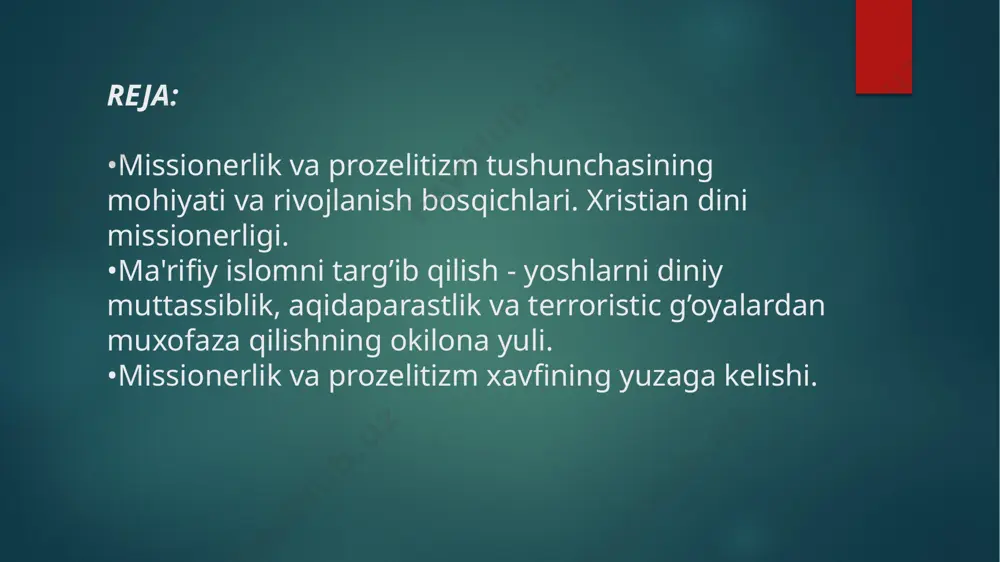 mmoga sabab bo‘layotgan hodisalar aynan protestant missionerligi bilan bog‘liq. missionerlik va prozelitizm tushunchalari orasidagi farq. missionerlik bilan bir qatorda prozelitizm atamasi ham uchraydi. prozelitizmga ta'rif berishda avvolo yuqorida keltirilgan qonundagi ta'rifni keltirib o‘tish o‘rinli; demak, prozelitizm bu: “bir diniy konfessiyadagi dindorlarni boshqasiga kiritishga qaratilgan xatti-harakatlar”. qonun matnida prozelitizm va missonerlik atamalari yonma-yon kelganligining o‘zi bular orasida farq borligini bildiradi "protestant missioner bolalarning hayoti" nomli kitob qonunda keltirilgan ta'rifga qo‘shimcha qilib, shuni aytish mumkinki, prozelitizm bu-bir din vakili tomonidan, boshqa din vakilining kuch ishlatish yo‘li bilan o‘z diniga kiritishga qaratilgan xatti-harakatlarga aytiladi. vijdon erkinligi va diniy tashkilotlar to‘g‘risidagi qonunda ham: “davlat diniy konfessiyalar o‘rtasidagi tinchlik va totuvlikni qo‘llab-quvvatlaydi. bir diniy konfessiyadagi dindorlarni boshqasiga kiritishga qaratilgan xatti-harakatlar (prozelitizm), shuningdek har qanday missionerlik faoliyati man etiladi.”, deyilgan. prozelitizm - buning asosiy maqsadi dunyoga xristianlikni (masihiylikni) missionerlik yoʻli (lotincha missio-topshiriq) bilan yoyish, kishilarni unga oʻtkazish boʻlib, bunda mazkur din butun insoniyat uchun birdan-bir xaloskor …