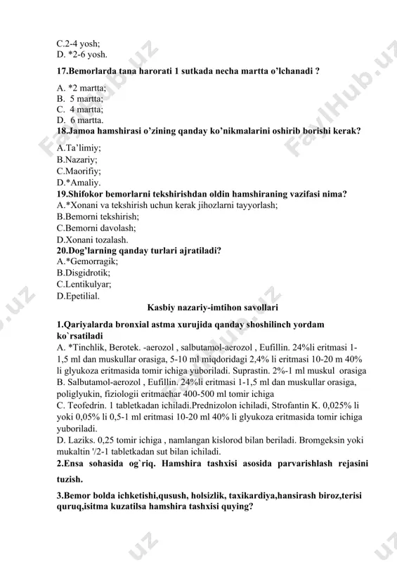 shi. s. interit d. gastrit 4.me`dani zond orqali yuvish texnikasi algoritmini yozing (bu ochiq test, javob algoritm shaklida to`liq yoziladi). 5.insultni davolash usullarin toping: 1. umumiy davolash 2. qiyosiy davolash 3. radikal davolash a. 1.2 b. 1.3 s. 2.3 d. 1.2.3 6.esmarx jgutini qo`yish amaliyot algoritmi to`ri bajarilganda kuzatiladigan bеlgilar: a. qon kеtishni to`xtatadi, puls aniklanmaydi, oyoq-qo’llar oqaradi * b. qon kеtishni to`xtatadi, oyoq-qo`llar muzlaydi, oyoq-qo`llar qizaradi c. qon kеtishni to`xtatmaydi, oyoq-qo`llar issiq buladi, puls tеzlashadi d. qon kеtishni to`xtatadi, puls aniqlanadi, oyoq-qo’llar ko’karadi 7.chala tug`ilgan chaqaloqlarni oziqlantirish? a) qoshiqcha yordamida b) ko`krak suti *s) zond orqali d) parеntеral 8.кўз қовоқлари касалликларига қайси касалликлар киради ? 1. говмичча. 2. кератит. 3. блефарит. 4. птоз. 5. иридоциклит. 6. халазион а) *1, 3, 4, 6. в) 1, 2, 5, 6. с) 1, 3, 5, 6 d) 2, 4, 6. 9.бурундан қон кетганда олдинги тампонада қандай бажарилади ? 1.бурун тешигини пахтали тампон билан …
