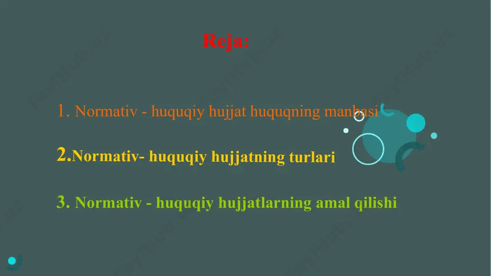 ar kiritish yoki zarur holatlarda bekor qilish mumkin. 5 0 ‘z navbatida, davlat organlari yoki mansabdor shaxslar tomonidan chiqarilgan barcha huquqiy hujjatlar ham normativ-huquqiy hujjat bo‘la olmaydi. faqatgina umurniy huquq va majburiyatlarni o‘rnatuvchi, o‘zgartiruvchi yoki bekor qiluvchi hujjatlargina normativ-huquqiy hujjat sifatida e’tirof etiladi. normativ-huquqiy hujjatlarning quyidagi turlari mavjud: 0 ‘zbekiston respublikasining konstitutsiyasi; 0 ‘zbekiston respublikasining qonunlari; 0 ‘zbekiston respublikasi oliy majlisi palatalarining qarorlari; 0 ‘zbekiston respublikasi prezidentining farmonlari va qarorlari; 0 ‘zbekiston respublikasi vazirlar mahkamasining qarorlari; vazirliklar, davlat qo‘mitalari va idoralarning buyruqlari hamda qarorlari; mahalliy davlat hokimiyati organlarining qarorlari. 7 normativ-huquqiy hujjatlar muayyan bir tizim bo‘lib, ushbu tizim ularning yuridik kuchiga asoslangan holda tashkil topadi. shuningdek, normativ-huquqiy hujjatlarning farqi quyidagi uchta jihat bilan bog'liq: -normativ-huquqiy hujjatlar tomonidan hal etiladigan masalalarning mazmuni va xilma xilligi; -yuridik tabiati yoki yuridik kuchiga ko‘ra bir-biridan farq qilishi; -normativ-huquqiy hujjatlarni qabul qilish jarayoni va tartibining turlichaligi. 8 normativ-huquqiy hujjatlarni ikki turga, ya’ni qonun va qonunosti …
