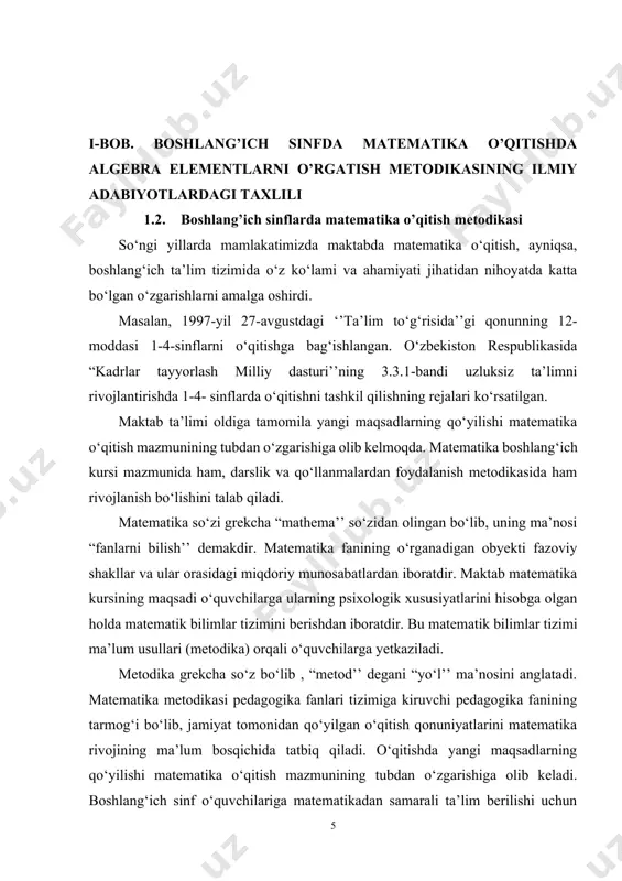 ri shakllarini qanday tashkil etish). o‘qitishning maqsadi, mazmuni, metodlari, vositalari va shakllari metodik jihatlarining asosiy tarkiblarida murakkab, uni o‘ziga xos grafik bilan tasvirlash mumkin. matematika o‘qitish metodikasi boshqa fanlar, eng avvalo, matematika fani - o‘zining tayanch fani bilan uzviy bog‘liq hozirgi zamon matematikasi natural son tushunchasini asoslashda to‘plamlar nazariyasiga tayanadi. boshlang‘ich sinflar uchun mo‘ljallangan matematika darsligining birinchi sinfi uchun berilgan quyidagi topshiriqlarga duch kelamiz: “rasmda nechta yuk mashinasi bo‘lib, bir qatorda shuncha katakni bo‘ya, rasmda nechta avtobus bo‘lsa, 2-qatorda shuncha katakni bo‘ya’’. bunday topshiriqlarni bajarish bolalarni ko‘rsatilgan to‘plamlar elementlari orasida o‘zaro bir qiymatli moslik o‘rnatishga undaydi, bu esa natural son tushunchasini shakllantirishda muhim ahamiyatga ega. matematikani o‘rganish o‘quvchilarning o‘z ona tillarida nutq madaniyatini to‘g‘ri shakllantirish, o‘z fikrini aniq, ravshan va lo‘nda qilib bayon eta bilish malakalarini o‘zlashtirishlariga yordam beradi. bunday bilimlar berish orqali esa o‘quvchilarning fazoviy tasavvur qilish xususiyatlari shakllanadi hamda mantiqiy tafakkur qilishlari yanada rivojlanadi. 1-sinf o‘quvchilarining bilimlarini aniqlash, …