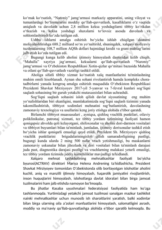 ishlash sohasidagi diplomatik vaolatxonalarning asosiy faoliyat yo‘nalishlari, chet elda o‘zbekiston fuqarolarining shaxsiy xavfsizligini ta'minlash va ularning ijtimoiy himoyasi masalalarini qamrab oladi. “aholi bandligiga ko‘maklashish nodavlat tashkilotlari (rekruting agentliklari) to‘g‘risida”gi qonuni. qonunda mehnat bozori infratuzilmasini oshirish, aholi bandligini ta'minlash imkoniyatlarini, aholi daromadlari va turmush darajasini oshirishga xizmat qiladi. aholini ijtimoiy himoya qilish va sog‘liqni saqlash tizimini takomillashtirish, ayol-qizlarning ijtimoiy-siyosiy faolligini oshirish. o‘zbekistonni rivojlantirish strategiyasida aholini ijtimoiy himoya qilish va sog‘liqni saqlash tizimini takomillashtirish, ayol-qizlarning ijtimoiy-siyosiy faolligini oshirish ustuvor yo‘nalishlardan biri sifatida belgilangan. mamlakatimiz taraqqiyotining bugungi bosqichida ijtioiy sohaning aholiga majburiy ijtimoiy kafolatlarni ta'minlash, aholining ehtiyojmand qatlamlarining ijtimoiy himoyasini hamda keksalar va imkoniyati cheklangan shaxslarni davlat tomonidan qo‘llab-quvvatlashni kuchaytirish, ijtimoiy xizmat ko‘rsatishni yaxshilash, aholiga ijtimoiy xizmatlar ko‘rsatishda davlat-xususiy sherikligini rivojlantirish masalalariga e'tibor qaratilmoqda. 2. ijtimoiy sohani rivojlantirishga yo‘naltirilgan aholi bandligi va real daromadlarini izchil oshirib borish, sog‘liqni saqlash tizimini takomillashtirish, xotin-qizlarning ijtimoiy-siyosiy faolligini oshirish, aholini uy-joylar bilan ta'minlash, yo‘l-transport muhandislik-kommunikasiya va ijtimoiy …