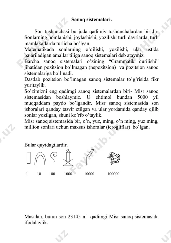 dan yana biri bu qadimgi grek sanoq sistemasidir.qadimgi gretsiyada foydalanilgan, attik yoki gerodian sistemasi deb atalgan sanoq sistemasidagi ba’zi sonlarni quyidagicha belgilardan foydalanganlar. bu ikki ko’rinishdagi sanoq sistemalardan shu narsani ko’rish mumkinki, har bir raqam qaysi o’rinda kelishidan qat’iy nazar doim bitta sonni ifodalaydi. pozitsion bo’lmagan sanoq sistemalaridan yana biri va hozir ham qo’llaniladigan sistema bu rim sanoq sistemasidir. rim raqamlari bilan butun sonlarni yozish uchun quyidagi 7 ta asosiy sonlarning tasvirlarini esda saqlash kerak. i v x l c d m 1 5 10 50 100 500 1000 shu sonlar bilan 4000 gacha istalgan butun sonni yoza olamiz. shu bilan birga, bir sonda bu raqamlardan ba’zilari (i, x, c, m) uch martagacha takrorlanishi mumkin. sonlarni rim raqamlarida yozishda kichikroq raqam katta raqamning o’ng tomonida turishi mumkin. bu holda kichik raqam katta raqamga qo’shiladi. masalan, 283 soni rim raqamlarida cclxxxiii misolimizda yuzlikni ifodalovchi raqam 2 marta o’nlik va birlikni ifodalovchi …