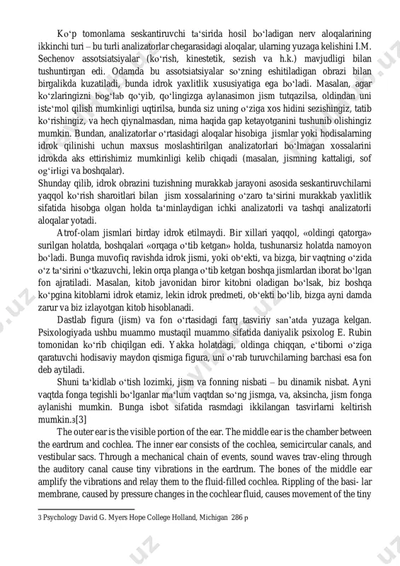 m taniyolmay qoladi. shunga o‘xshash manzara boshqa modalliklarning integrativ sohalari faoliyatining izdan chiqishida ham kuzatiladi. masalan, eshitish integrativ sohalarining buzilishida odamlar inson nutqini tushunolmay qoladalar. idrokning fiziologik asosi, uning harakat faoliyati, emotsional kechinmalar, turli tafakkur jarayonlari bilan uzviy bog‘langanligi sababidan yanada murakkablashadi. bundan kelib chiqadiki, his–tuyg‘u organlarida boshlangan tashqi seskantiruvchilar ta‘sirida paydo bo‘lgan nerv qo‘zg‘alishlari asab markazlariga o‘tadi, bunda ular po‘stloq sohalarini qamrab oladi, boshqa nerv qo‘zg‘alishlari bilan o‘zaro ta‘sirga kirishadi. o‘zaro ta‘sirga kirishgan va po‘stloqning turli sohalarini qamrab olgan bunday qo‘zg‘alishlar to‘ri idrokning fiziologik asosini tashkil etadi. idrokning reflektorlik asosini i.p. pavlov ochib berdi. uning ko‘rsatishicha, idrokning assida shartli reflekslar, ya‘ni, bosh miya katta yarim sharlari po‘stlog‘ida atrof-olam hodisalari yoki jismlarining retseptorlarga ta‘siri natijasida hosil bo‘ladigan vaqtinchalik nerv aloqalari yotadi. bunda nerv aloqalari hosil qilgan qo‘zg‘alishlarni qayta ishlashda analizatorlarning po‘stloq bo‘limlari yadrolarida tahlil qilish va sintezning murakkab jarayonlari sodir bo‘lganligi sababli, nerv aloqalari seskantiruvchilar to‘plami sifatida namoyon bo‘ladi. tahlil …