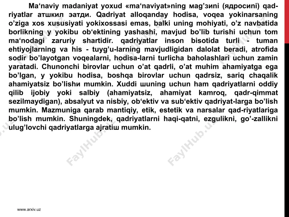 yasi atsdiqlagan «inson huquqlarining eng umumiy dekloratöiyasi» - inson haq - huquqlari va erkinliklarini himoya qilishga qaratilgan atrixiy hujjatlar edi. o’zbekiston davlat musatqilligiga erishishi bilan musatbid tuzum sharoitida oyoq osti qilingan inson haq - huquqlari va erkinliklarini tiklash, uni himoya qilishga kirishdi. insonning asosiy xuquqlari va erkinliklari o’zbekiston respublikasi asosiy qonuni – kons-tituöiyaning umumiy qoidalari va olti bobdan iborat ikkinchi bo’limida xuquqiy jihatdan musathkamlandi. shuningdek, demokratiya, barqarorlik, oshkoralik, tinchlik, hamkorlik kabi umuminsoniy qadlriyatlarning rivoj topishi uchun ham imkon yaratildi. www.arxiv.uz www.arxiv.uz milliy va umuminsoniy qadriyatlarning uyg’unlashib borayotganligini, musatqillik yillarida o’zbekistonda vujudga kelgan - fuqarolarni tinch, totuv yashashga, barqarorlikka intilishida ham yaqqol ko’rish mumkin. endilikda tinchlik, millatlararo totuvlik, barqarorlik o’zbekistonda yashovchi barcha xalq-larni, millatlarni, elatlarning buyuk ijtimoiy-siyosiy qadriyatiga aylanmoqda. ja-hon öivilizaöiyasining atlablariga mos tushuvchi bunday qadriyatlarni shakllani-shida va rivojlanishida, kishilar turmush atrzida musathkam o’rnashib olishida mustaqillik yillarida mamlakatimizda amalga oshirilayotgan bir qator xayrli tad-birlar turtki bermoqda. www.arxiv.uz www.arxiv.uz milliy istiqlol g`oyasining …