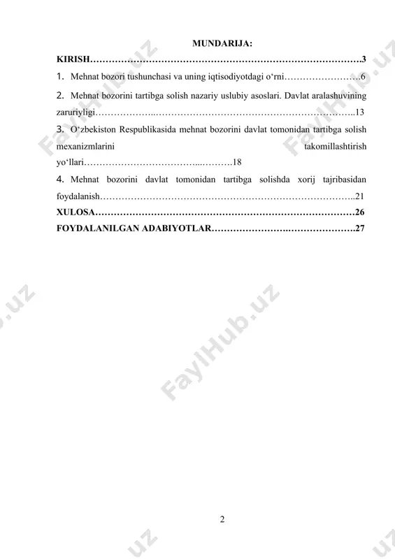 tirish va pirovardida milliy iqtisodiyotning raqobatbardoshligini taʼminlashga xizmat qiladi. agar mehnat bozori oʻz holiga tashlab qoʻyilsa, bu ishsizlikning oʻsishi, malakali kadrlar yetishmovchiligi, mehnatga haq toʻlashda nomutanosibliklar va boshqa salbiy oqibatlarga olib kelishi mumkin. globallashuv va texnologik oʻzgarishlar sharoitida mehnat bozori doimiy ravishda transformatsiyaga uchramoqda. yangi kasblar paydo boʻlib, eskilari yoʻqolib bormoqda, mehnat munosabatlarining yangi shakllari (masofaviy ish, frilansing) keng tarqalmoqda. bunday sharoitda davlatning vazifasi – mehnat bozorini ushbu oʻzgarishlarga moslashtirish, ishchi kuchining yangi talablarga javob beradigan malakaga ega boʻlishini taʼminlash va mehnatkashlarning huquqlarini himoya qilishdan iborat[footnoteref:1]. [1: o‘zbekiston respublikasi prezidentining “mehnat bozorini isloh qilish va bandlikni oshirishga qaratilgan chora-tadbirlar to‘g‘risida”gi farmoni. – 2022-yil.] kurs ishi mavzusining oʻrganilganlik darajasi. mehnat bozorini davlat tomonidan tartibga solish masalasi iqtisodiy nazariya va amaliyotda keng o‘rganilgan va muhim yo‘nalishlardan biri hisoblanadi. mazkur masala bo‘yicha olib borilgan ilmiy izlanishlarda mehnat bozorining shakllanishi, uning tarkibiy tuzilmasi, davlat aralashuvining zarurati va shakllari, hamda samaradorligi atroflicha yoritib berilgan. iqtisodiy …