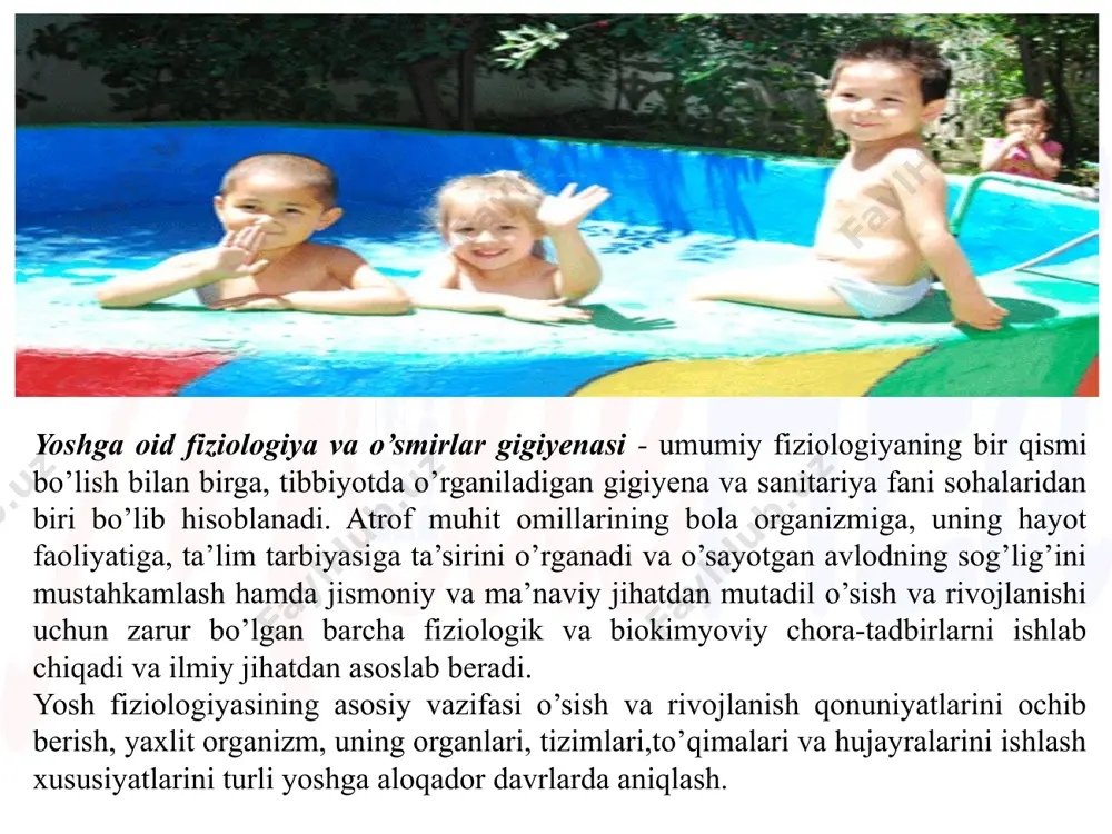 si va fiziologiyasi» nomli kitobi bosilib chiqdi. 1968-yili a.markosyanning «bolalar va o’smirlarning morfologik va fiziologik xususiyatlari» a.g. xripkovaning 1975-yilda «yosh fiziologiyasi», 1978-yilda esa «bolalar anatomiyasi, fiziologiyasi va gigiyenasi» nomli kitoblari chop etildi. erisman (1842-1915) ko’plab o’quv qo’llanmalarini yaratdi, barcha gigiyenik talablarga javob bera oladigan sinf xonalarining modeli, o’quvchilarning bo’yiga mos jihozlarning turlarini, o’quvchilarni partada to’g’ri o’tirish yo’llarini ishlab chiqdi. n.r.gundobin sog’lom o’sib kelayotgan avlodni tarbiyalashda gigiyena muhim rol o’ynaydi deb o’qitgan va uni pediatriyaning ajralmas bir qismi deb hisoblagan. u yoshlik davrlari tizimini tuzgan. v.m. bonch-bruyevich, i.a. semashko, v.i. molchanov, p.n. speranskiylar bolalar va o’smirlar gigiyenasi sohasiga katta hissa qo’shganlar. 1918-yilda toshkentda tashkil topishi o'zbekistonda fiziologiya va gigiyena fanlarining rivojlanishiga asos bo'ldi. fiziologiyaga oid dastlabki ilmiy tadqiqot izlanishlar professor ye.u. polyakov va i.p. mixaylovskiylar tomonidan olib borilgan. keyinchahk, professorlar a.s. shatalina, n.v. danilov va a.i. izraillar olib borgan ilmiy tadqiqot ishlari bilan fiziologiya fanining rivojiga katta hissa qo'shganlar. ulaming rahbarhgida …