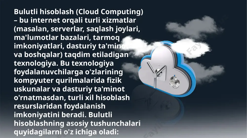 bu g'oya amalga oshirilmagan. 1990-yillar: internetning o'sishi va web 2.0 internetning keng tarqalishi bilan birga, dasturiy ta'minot va xizmatlarni onlayn taqdim etish g'oyasi ham rivojlanib borgan. 1999-yilda salesforce.com ishga tushirildi, bu esa saas (software as a service) modelining dastlabki muvaffaqiyatli misollaridan biri bo'ldi. bu davrda bulutli hisoblashning asosiy tushunchalari shakllantirila boshlandi. 2000-yillarning boshlari: bulutli xizmatlarning paydo bo'lishi amazon web services (aws) 2002-yilda ishga tushirilgan bo'lib, bulutli infrastruktura xizmatlarining birinchi katta provayderi hisoblanadi. 2006-yilda aws elastic compute cloud (ec2) va simple storage service (s3) kabi xizmatlarni taqdim etishni boshladi, bu esa iaas (infrastructure as a service) modelining amaliy qo'llanilishini belgilab berdi. bulutli hisoblashning tarixi va rivojlanishi bir qator bosqichlardan iborat bo'lib, bu texnologiya o'tgan asrlarda kompyuter texnologiyalari va internetning o'sishi bilan chambarchas bog'liq. bulutli hisoblash g'oyasi ilk marta 1960-yillarning oxirlarida paydo bo'lgan, lekin uning amaliy tatbiqi va keng tarqalishi 21-asrning boshlarigacha kuzatilmagan. keling, bulutli hisoblashning tarixi va uning asosiy rivojlanish bosqichlarini …