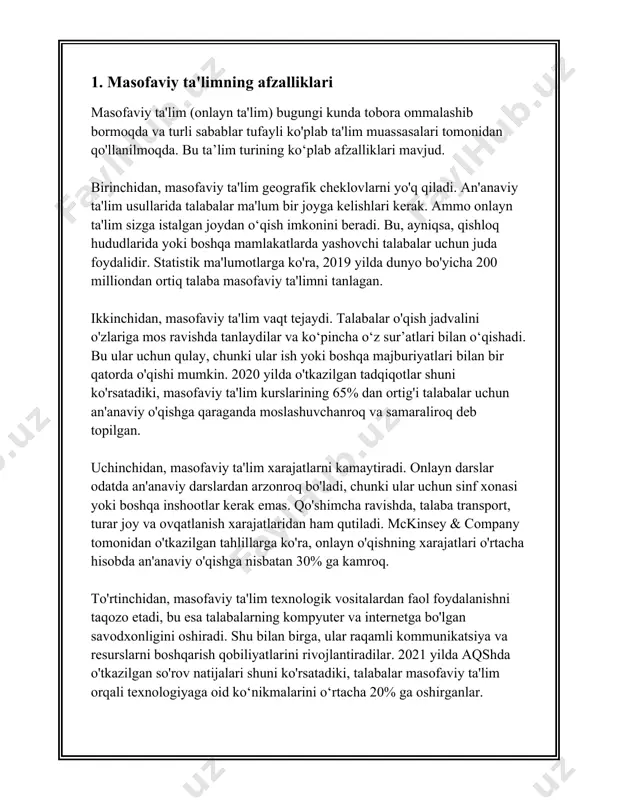viy ta’lim texnologiyalari sohasida turli platformalar taqdim etiladi, ularning ko‘pchiligi o‘quv jarayonini tashkil etish, o‘quvchilar bilan interaktiv muloqot qilish va bilim baholash imkoniyatlarini kengaytirishga xizmat qiladi. quyida masofaviy ta'limda keng qo'llaniladigan ba'zi platformalar haqida ma'lumot keltiriladi. 1. **moodle**: moodle (modular object-oriented dynamic learning environment) platformasi ochiq kodli bo‘lib, uni ko‘plab oliy ta'lim muassasalari va maktablar foydalanadi. moodle juda moslashuvchan va turli xil plaginlar va modullar orqali kengaytirilishi mumkin. har kuni moodle orqali minglab kurslar olib boriladi. bugungi kunda moodle’ning foydalanuvchilari soni millionlardan oshadi. 2. **google classroom**: google classroom o‘quvchilarning ham o‘qituvchilar bilan, ham o‘zaro hamkorligini tashkil etadi. ushbu platforma google workspace ekotizimiga integratsiyalashgan bo‘lib, docs, sheets, slides kabi xizmatlar bilan birga ishlatiladi. 2020-yilga kelib, google classroom global miqyosda 100 milliondan ortiq foydalanuvchiga ega bo‘lgan. 3. **zoom**: masofaviy ta’limda video konferensiya uchun zoom keng qo‘llaniladi. o‘qituvchilar zoom orqali jonli darslar o‘tish, talabalarga qo‘shimcha savollarga javob berish imkoniyatiga ega. pandemiya davrida zoom …