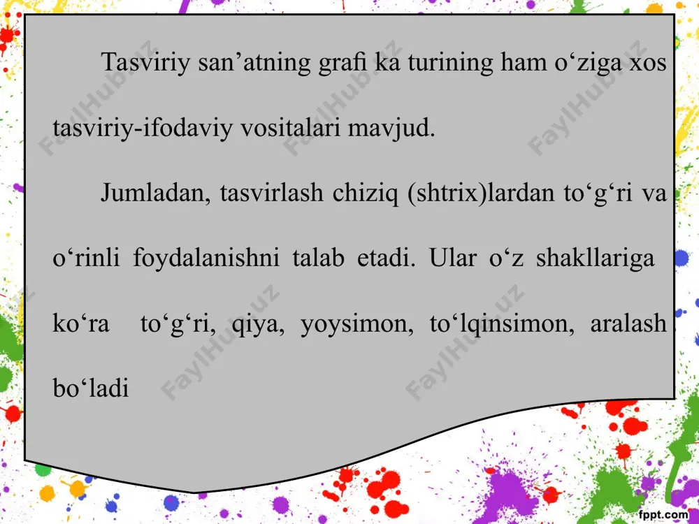 tlariga egadir. graﬁkaning rangtasvirdan farqli tomoni shundaki, asosiy tasvirlash usuli faqat bir xil tusdagi rasmlar (ya’ni, chiziq, yorug‘-soya); undagi rangning o‘rni nisbatan chegaralanganidadir. graﬁk rassomlar m. kagarov, q. basharov, m. sodiqov, a. bobrov, f. qambarova, g‘. boymatov, g. sultonovalar ning ijodlarini sanab o‘tish mumkin. tasviriy san’atning ifodaviy vositalari uning turlariga qarab turlicha bo‘ladi. masalan, rangtasvirda asosiy vosita sifatida rang muhim rol o‘ynasa, graﬁkada chiziq, oq-qora ranglar kontrasti, haykaltaroshlikda hajm, amaliy san’atda esa ritm, simmetriya, shakl va rangdan asosiy tasviriy vosita sifatida foydalaniladi. ularning barchasi uchun xos bo‘lgan asosiy vosita mavjud. bu kompozitsiyada, eng muhimi, asarning kompozitsion yechimi, mazmundorligi, tasviriy vositalardan to‘g‘ri va o‘rinli foydalanishi hisoblanadi.