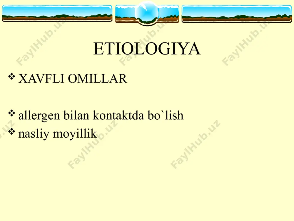vchi bronxolitik preparatlar va uzoq davom etuvchi kurslar bilan peroral glyukokortiko-steroidlar doimiy simptomlar tez-tez qaytalanish tez-tez tungi simptomlar jismoniy faollik cheklangan nchat yoki jnchq1 me'yorning 60% sutka davomida o’zgarishi > 30% 4 pog`ona. og`ir persistirlovchi astma kerakli bo`lgan medikamentoz davo davolashdan oldingi klinik ko`rinishi ba ning tasnifi asosiy patogenetik variantlari (g.b.fedoseev tomonidan to`ldirilgan tasnif bo`yicha ) infeksion-bog`liq atopik autoimmun disgormonal disovarial asabiy-ruxiy adrenergik disbalans xolinergik jismoniy zo`rig`ishdagi astma aspirin astmasi (triada) bronxial astma kechishi og`irligi darajasi engil kechishi o`rtacha og`irlikda kechishi og`ir kechishi bronxial astma kechish fazalari qo`zish nostabil remissiya muhim remissiya (2 yildan uzoq asoslari o`pka tomonidan: atelektaz, pnevmotoraks, o`pka yetishmovchiligi va boshqalar. o`pkadan tashqari: o`pka-yurak, yurak yetishmovchiligi differensial tashxis 1) surunkali obstruktiv kasallik 2) o`pka emfizemasi 3) yurak astmasi dаvоlаsh pag`onalar xuruj davrida qo`llaniladigan dori vositalari xuruj davrida qo`llaniladigan dori vositalari 1 pog`ona intermittirlovchi astma ingalyasion kortikosteroidlar ko`rsatilmagan haftasiga 1 martadan ko`p bo`lmagan simptomlar mavjudligida qisqa vaqt ta'sir …