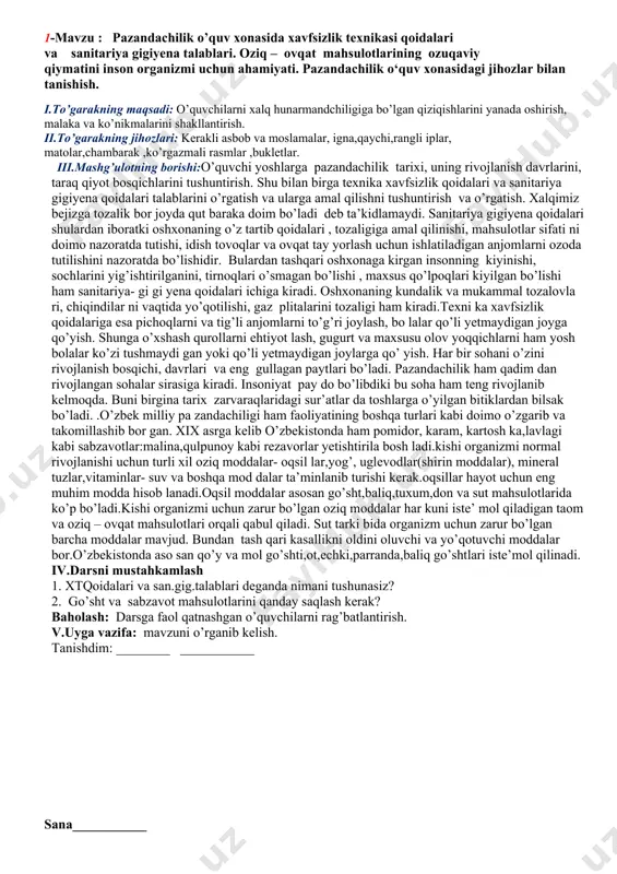 da oshirish, malaka va ko’nikmalarini shakllantirish. ii.to’garakning jihozlari: kerakli asbob va moslamalar, igna,qaychi,rangli iplar, matolar,chambarak ,ko’rgazmali rasmlar ,bukletlar. iii.mashg’ulotning borishi: qadim zamondan beri o’zbek milliy oshxonasi o’ziga xos xususiyatlari bilan ajralib turadi.tarixdan bizga ma’lumki bizning milliy taomlarimiz o’zini foy dali jihatlari bilan ajralib turadi.bizning vohalarimizda yetishtirilayotgan har bir sabzavot va mevalar vitaminliligi tabobatda foydali tomonlari ko’pligi bizga ma’lum.dunyoga don taratgan bobomiz a.a.ibn sinoni kitoblarida ham bu quyoshli o’lkadagi har bir giyohni juda katta foydali tomonlari borligini yozib qoldirgan.asarlarida yozilishicha har bir dardga davo bo’ladigan giyoh,sabzavot va mevalar haqida to’la ma’lumot berib ketgan.misol uchun hozirda kuz vaqtida shamollash yuqumli kasalliklar ko’p tarqaladi, buni oldini olish uchun sabzavotlardan hom holatlarda iste’mol qilib turish kerak. virusli gepatit kasalligini oldini olishda oshqovoqni,sut,qatiq mahsulotlarini ko’proq iste’mol qilinsa yanada yaxshi,shamollashda esa turpni ichini o’yib asal solib qo’yilsa suvi ajraydi,uni ichsa yo’talga, ich samollashlarga katta foydasi bor.blinchik ham juda foydali taom hisoblanadi.uni turli xillarini tayyorlash mumkin.blinchik tayyorlash …