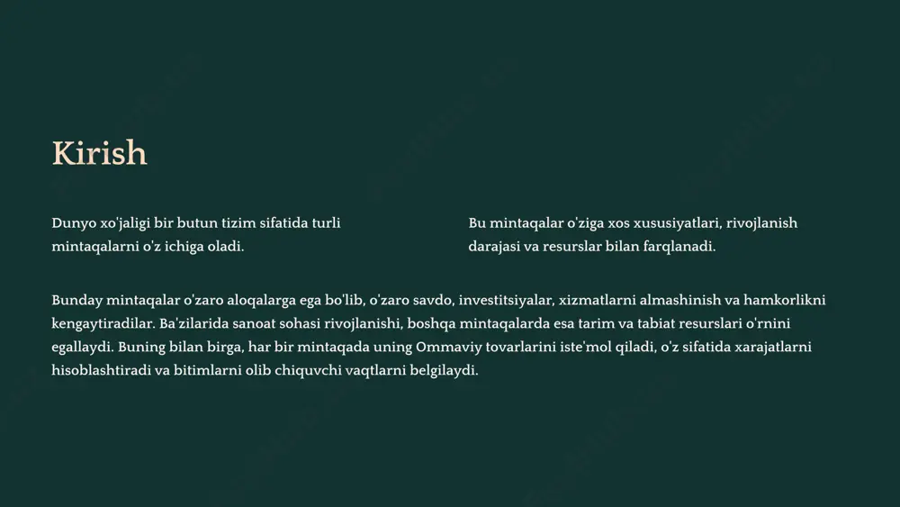ishlab chiqarishni amalga oshiradi. mintaqaviy xo'jalik tizimining tarkibiy tuzilishi sanoat turli sohalarda ishlab chiqarish faoliyati. qishloq xo'jaligi oziq-ovqat mahsulotlari va xom ashyolarni ishlab chiqarish. xizmatlar turli turdagi xizmatlarni taqdim etish. infratuzilma transport, aloqa, energiya va boshqa muhim tizimlar. tabiiy-resurs salohiyatning mintaqaviy farqlari 1 yer resurslari yer maydoni, tuproqning xususiyatlari va qishloq xo'jaligi uchun mosligi. 2 mineral resurslar neft, gaz, ko'mir, ruda va boshqa foydali qazilmalar. 3 suv resurslari suv miqdori, sifati va taqsimlanishi. mehnat resurslari va ularning mintaqaviy tarqalishi miqdori aholi soni, ishchi kuchi va mehnat qobiliyati. sifati ta'lim darajasi, malakasi va tajribasi. taqsimlanishi aholi zichligi va ishchi kuchining geografik tarqalishi. ishlab chiqarish kuchlarining mintaqaviy taqsimlanishi 1 sanoat sanoat markazlari, korxonalar va ishlab chiqarish quvvatlari. 2 qishloq xo'jaligi qishloq xo'jaligi erlari, fermer xo'jaliklari va chorvachilik. 3 xizmatlar savdo, transport, bank, moliya va boshqa sohalar. infratuzilma va uning mintaqaviy shakllari transport yo'l, temir yo'l, havo va suv transporti. aloqa telefon, internet, …