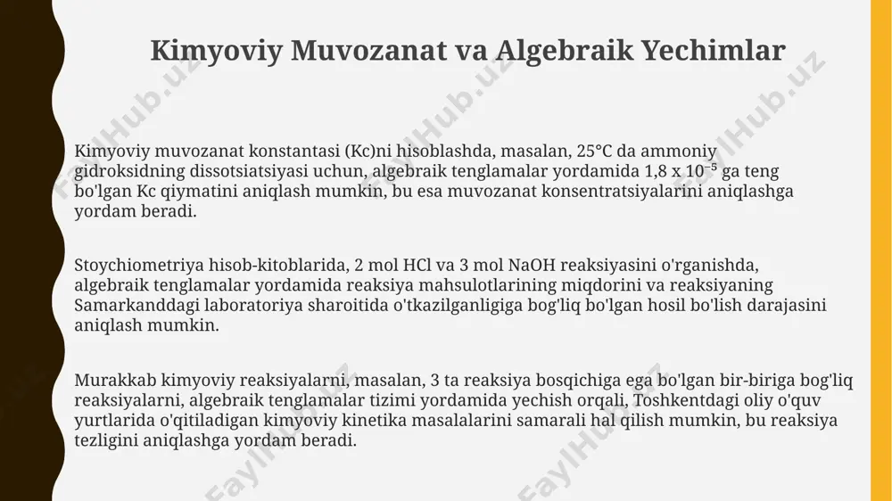 tirish yordamida 1 atmosfera bosim va 273 k temperaturada 10 litr hajm egallagan vodorod gazining mol sonini buxoroda o'tkazilgan amaliy mashg'ulotlar natijalariga asoslanib hisoblash mumkin. kimyoviy muvozanat doimiysi va algebra ikki va undan ortiq moddalarning aralashmasida muvozanat konsentratsiyalarini topish uchun, masalan, 3 moddali tizimda, ikkinchi darajali algebraik tenglamalarni yechish talab etiladi. bu muammoni yechish uchun samarqand universiteti talabalari grafik usuldan ham foydalanishadi. kimyoviy muvozanat doimiysi (k) ning qiymati, masalan, 25°c da ammiak sintezi reaksiyasi uchun 1.5 x 10⁻⁵ ga teng boʻlib, bu algebraik tenglamalar yordamida muvozanat konsentratsiyalarini hisoblashda ishlatiladi. bu toshkentdagi kimyoviy laboratoriyalarda keng qoʻllaniladi. muvozanat doimiysi va reaksiya koeffitsiyentlari o'rtasidagi bog'liqlikni ifodalovchi algebraik ifodalar, masalan, q = k bo'lganda, muvozanat holatini aniqlashda 100% samaradorlikni ta'minlaydi. bu xorazm viloyatidagi sanoat korxonalarida muhim ahamiyatga ega. mol miqdori va konsentratsiya hisoblashlari 25°c da, samarqand shahridagi suvda 0,1 mol/l hcl eritmasini tayyorlash uchun 3,65 gramm hcl ni 1 litr suvda eritish kerak. bu …