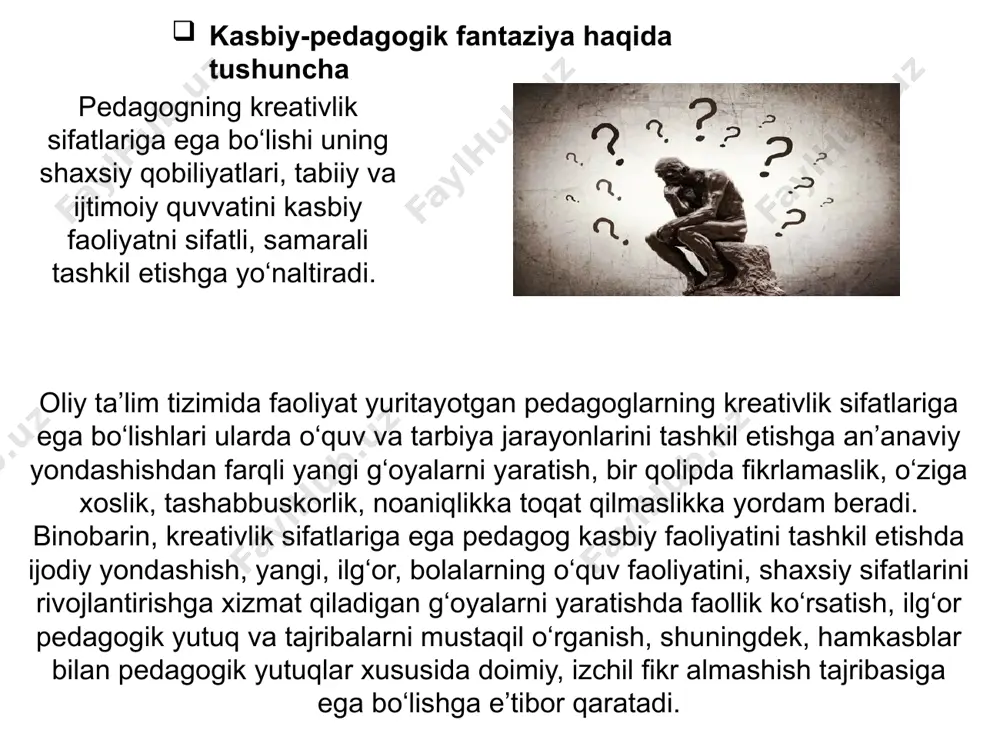 i turli shakllarda namoyon bo‘ladi. ular quyidagilardir: axborot, shu jumladan, kompyuter texnologiyasi yordamida pedagog - tarbiyachi tomonidan kreativ yondashuv asosida tayyorlanib, ta’lim jarayonida samarali foydalanish mumkin bo‘lgan ijod mahsulotlari sanab o‘tiladi. azizxodjayeva n.n. pedagogicheskiye texnologii i pedagogicheskoye masterstvo. izdatelsko-poligraficheskiy tvorcheskiy dom im.chulpana. t.; 2005. -200 s 4. levitan k.m. lichnost pedagoga: stanovleniye i razvitiye. izd-vo saratovskogo universiteta. 1991. -166 s. mavlonova r., to‘rayeva o. holiqberdiyev k. pedagogika. t., o‘qituvchi. -2001. – 512 b. foydalanilgan adabiyotlar ro`yxati image1.jpeg image2.jpeg image3.jpeg image4.png image5.jpeg image6.jpeg image7.jpeg image8.jpeg