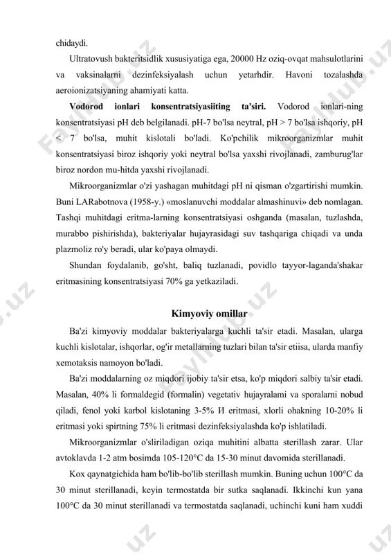 hraydi, chunki suv tabiiy muhit hisoblanadi. suvga mikroorganizmlar tuproqdan o'tadi. agar suvda oziqa moddaiar yetarii bo'lsa, mikroorganizmlar soni juda ko'payib ketadi. ayniqsa chiqindi oqava suvda bakteriyaiar ko'p bo'ladi. artezian quduqlari va buloq suvlari esa toza hisoblanadi, ularda bakteriyaiar deyarli uchramaydi. ariq va hovuz suvlarida, ayniqsa, ariq suvining 10 sm gacha bo'lgan chuqur qismida, qir-g'oqqa yaqin joylarda mikroblar soni ko'p bo'ladi. qirg'oqdan uzoqlashgan va chuqurlashgan sari mikroblar soni kamaya boradi. 1 ml toza suvda 100—200 dona mikrob uchrasa, iflos suvda 100000 dan 300000 gacha va undan ham ko'p mikrob bo'ladi. ayniqsa, aholi yashaydigan joylardan oqib o'tgan suvda bakteriyaiar ko'p bo'ladi. masalan, a.s.razumov ma'lumotiga ko'ra, ural daryosining suvida aholi yashaydigan punktdan yuqorida 1 ml da 19700 bakteriya, aholi yashaydigan punktdan pastda esa 400000 dona bakteriya borligi aniqlangan. suvning eng yuqori qatlamida bakteriyaiar kamroq, o'rta qatla-mida ko'proq va pastki qatlamida yanada kamroq bo'ladi. masalan, qirg'oqdan 300 m narida 1 ml suvda 38 dona …