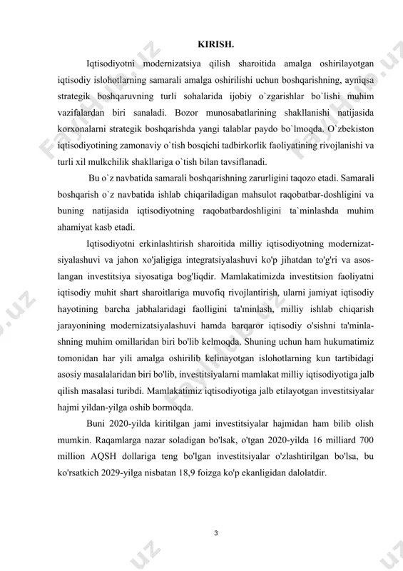 i hamkorlikka jadal jalb etmoqda. i-bob.korxonaning investitsiya strategyasi. 1.1. korxonalarni strategik boshqarish tushunchasi va invistitsiyalarni jalb qilish mohiyati. strategiya korxonaning muvaffaqiyatini ta’minlash uchun rahbariyat foyda-lanadigan tadbir-choralar majmuasidan iborat. rahbariyat korxona biznesini qanday boshqarishni bilish uchun hamda ko’p omilli muhitda muqobil yo’nalishlardan birini to’g’ri tanlash uchun strategiyani yaratadilar. rahbariyat foydalanishga qaror qilgan strategiya mavjud biznes o’nalishlaridan biri va biznesni yuritishni muayyan usuli tanlanganligini ko’rsatadi. korxona moliyaviy va strategik maqsadlarni alohida belgilashi lozim. moliyaviy maqsadlarning mavjud emasligi, moliyaviy resurslarni yuqori tavakkalchilik bilan sarflanishiga sabab bo’ladi. natijada korxonaning o’sishi va raqobatbardoshligi pasayadi. korxona strategik maqsadlari shuning uchun muhimki, ular korxona raqobat mavqeini mustahkamlaydi va biznesning rivojlanish yo’nalishini ko’rsatadi. strategiya – bu faoliyat turlarining ma’lum dastasini nazarda tutuvchi noyob va qulay mavqeni yaratishdir. strategik mavqeni egallashning mazmuni raqobatch-ilardan ustun bo’lgan faoliyat turlari dastasini yaratishdan iborat. strategiyani yaratish asosiy boshqaruv muammosini ko’taradi ya’ni, korxonaning hozirgi va kelajak imkoniyatlarini hisobga olib, kerakli natijalarga qanday erishish mumkinligini …