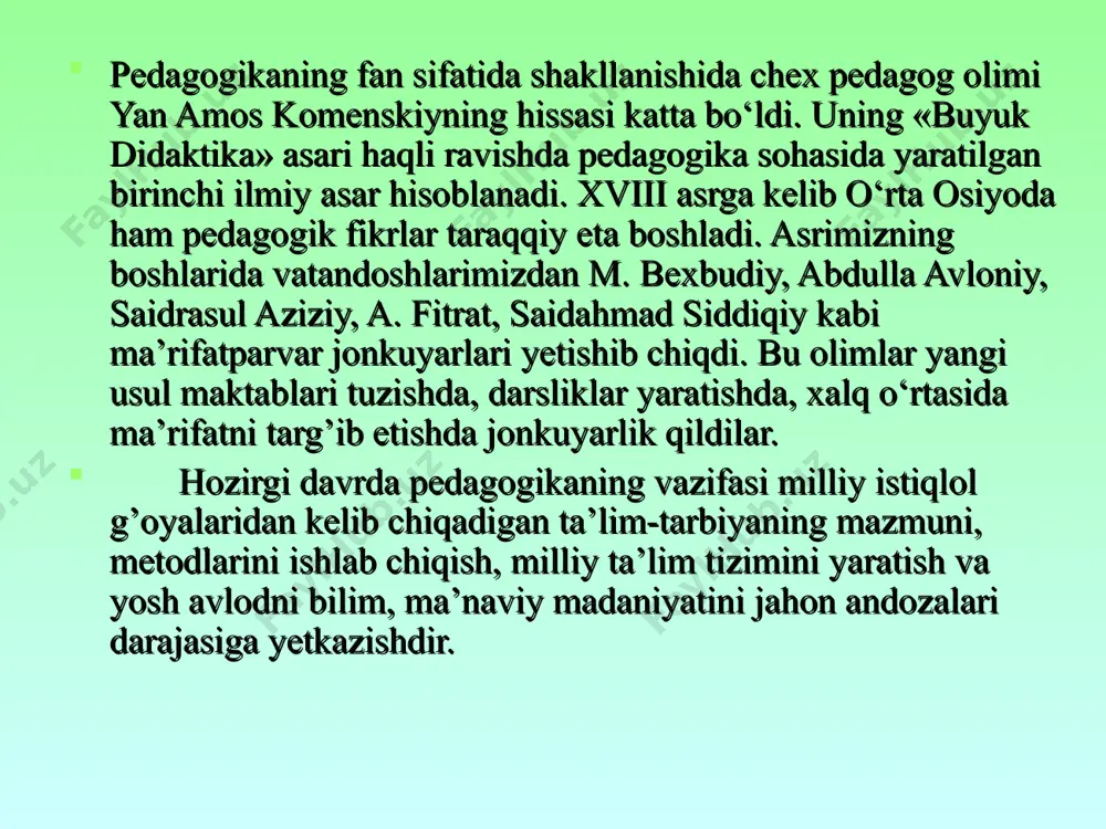 oqartuv pedagogikasi hunar-texnika ta’limi pedagogikasi harbiy pedagogika pedagogika tarixi xususiy metodika oila pedagogikasi maxsus pedagogika 1.5. pedagogika fanining boshqa fanlar bilan aloqasi va uning mazmuni pedagogika o‘z mazmunini boyitish va yangilash maqsadida mavjud pedagogik hodisa va jarayonlarni uning maqsadi va vazifalariga muvofiq keladigan usullari bilan o‘rganadi. shu ma’noda pedagogikaning ilmiy-tadqiqot usullari deganimizda yosh avlodni tarbiyalash, bilimli qilish va o‘qitishning real jarayonlariga xos bo‘lgan ichki aloqa va munosabatlarni tekshirish, blish yo‘llari, uslublari va vositalari majmuini tushunamiz. pedagogikaning ilmiy tadqiqot usullari qanchalik to‘g’ri tanlansa ta’lim-tarbiya mazmunini yangilash va takomillashtirish shu darajada yaxshilanadi, pedagogika fani ham boyib boradi. ilmiy tadqiqot pedagogika fanini ham takomillashtirib borishga, ayrim pedagogik hodisalarni tekshirishga, ularni to‘g’ri hal etish yo‘llarini aniqlashga yordam beradi. hozirgacha mavjud va ishlab chiqilgan quyidagi ilmiy-tadqiqot usullariga tayanib fikr yuritish mumkin: pedagogika fanining boshqa fanlar bilan aloqasi sosiologiya tarix iqtisodiyot etika psixologiya falsafa odam anotomiyasi pedagogika kibirnetika foydalanadigan adabiyotlar 1. karimov i.a. barkamol avlod orzusi. …