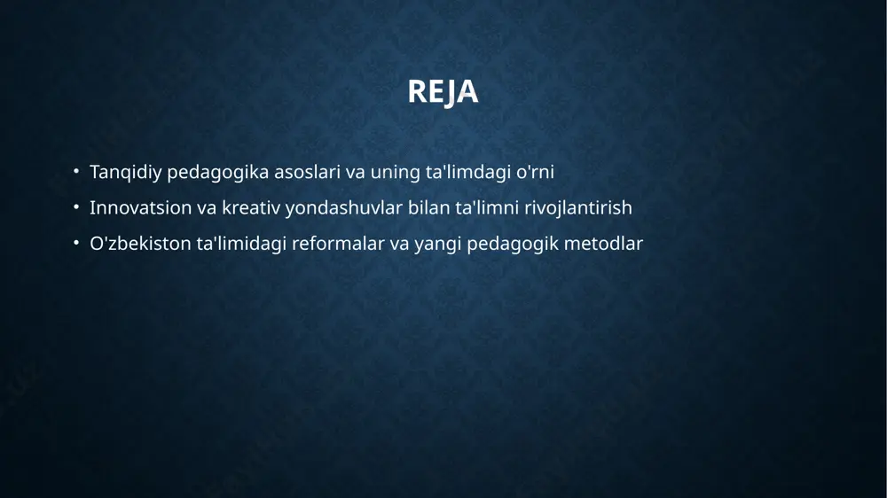 qishi ortib bormoqda, bu ularning pedagogik usullarini yangilashga turtki bo'lmoqda. 2 sifatga ta'sir tanqidiy pedagogikaga intilish, ta'lim sifatini oshiradi, o'quvchilarning fikrlash va muammo yechish qobiliyatlarini rivojlantirishga yordam beradi. 3 rivojlanish imkoniyatlari bu intilish, o'qituvchilarga innovatsion metodlarni o'zlashtirish va pedagogik jihatdan professional rivojlanish imkoniyatlarini kengaytiradi. talabalarda tanqidiy fikrlashni shakllantirishning usullari va amaliyotlari 1 ijodiy savol va muhokama talabalarga muammo asosida savollar berish va muhokamalar orqali fikrlash qobiliyatini rivojlantirish, o'z fikrlarini asoslashga yordam beradi. 2 metodik yondashuvlar kross-funksional guruhlar, loyiha ishlari va tahliliy testlar kabi amaliy metodlar tanqidiy fikrlashni shakllantirishda samarali bo'ladi. 3 tajriba va baholash talabalarning fikrlash jarayonlarini kuzatish, baholash va fikr-mulohazalar berish orqali ularning tanqidiy fikrlash ko'nikmalari mustahkamlanadi. ta'limda tanqidiy pedagogikaning tarixiy rivojlanishi va zamonaviy tendensiyalar tarixiy asoslar zamonaviy tendensiyalar o‘zgarishlar va rivojlanish tanqidiy pedagogikaning tarixi 20-asrda boshlanib, pedagogik harakatlar va ijtimoiy o‘zgarishlar bilan rivojlandi. bu yondashuv o‘quv jarayonining faol va kritikal bo‘lishini ta'minladi. hozirgi kunda tanqidiy pedagogika texnologiyalar, interfaol …
