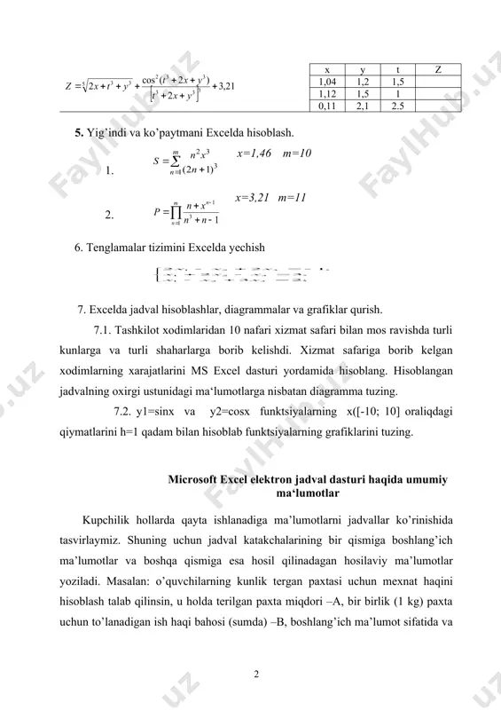 ko’rinishida tasvirlanadigan masalalarni echish uchun maxsus amaliy dasturlar paketi ishlab chiqilgan bo’lib ular elektron jadvallar yoki jadval protsissori deb ataladi. elektron jadvallar avvalo iqtisodiy masalalarni echish uchun mo’ljallangan, lekin uning yordamida injenerlikka doir masalalarni bajarishda ham, masalan, formulalar bo’yicha hisob-kitoblar muvaffaqiyatli ishlatilmoqda. elektron jadvallar qo’llanilayotgan sohalar juda ko’p, masalan: moliyaviy, buxgalteriyaga oid, xususan ish haqini hisoblash, har xil iqtisodiy-texnik hisoblar, kundalik ho’jalik tovarlari va mahsulotlarni sotib olish va xokazolar. excel microsoft office paketi tarkibidagi programma bo’lib, u windows operatsion sistemasi boshkaruvida ishlovchi hamda ma‘lumotli elektron jadvallarni tayyorlash va qayta ishlashga muljallangan. excel da tayyorlangan har bir xujjat (ma‘lumotli jadval) ixtiyoriy nom va .xls kengmaytmadan iborat fayl buladi. excel da odatda bunday fayl “ish kitobi” (workbook) deb yuritiladi. microsoft excel ning asosiy ish soxasi - bu “ish kitobi” bo’lib, u bir yoki bir nechta ish varaqlardan iborat. ish varagida buxgalter (hisobchi) kitobi kabi, sonlar, matnlar, arifmetik ifodalar, hisoblar qator va ustunlarda …