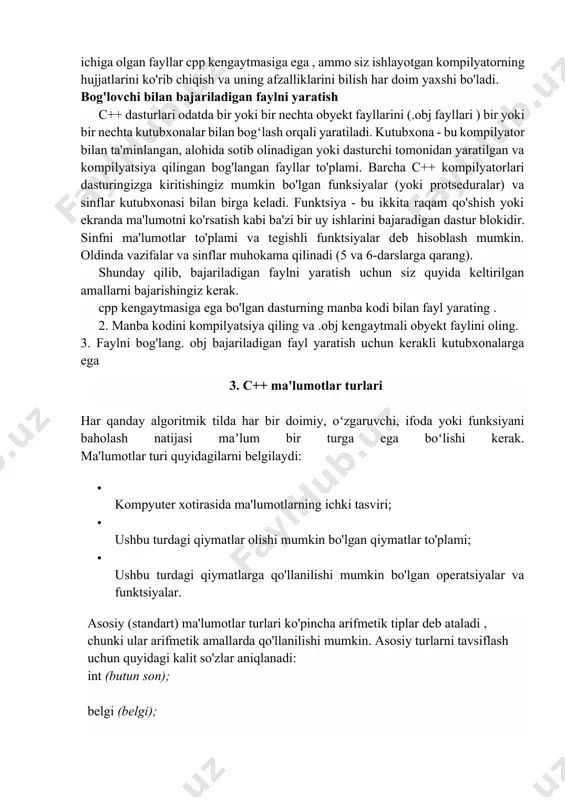 a 13-darslarda batafsil muhokama qilinadi. rivojlanish muhiti macintosh kabi tizimlarda gui-ni chetlab o'tib, to'g'ridan-to'g'ri kiritish uchun buyruq rejimiga ega ekanligini taxmin qiladi . konsol yoki oson variantni qidiring oyna yoki kompilyator bilan birga kelgan hujjatlarga murojaat qiling. ehtimol, kompilyatoringiz o'zining o'rnatilgan matn muharririga ega bo'lishi mumkin yoki siz fayllarni matn formatida formatlash atributlarisiz saqlaydigan har qanday tijorat matn muharriridan foydalanishingiz mumkin. bunday muharrirlarga windows notepad , dos edit buyrug'i , brief , epsilon , emacs va vi ni misol qilib keltirish mumkin . wordperfect , word va boshqalar kabi tijorat matn protsessorlari ham fayllarni matn formatida saqlash imkonini beradi. matn muharrirlari yordamida yaratilgan fayllar manba fayllar deb ataladi. ular odatda kengaytmaga ega. cpp , . cp yoki .c. ushbu kitobda dasturlar ro'yxatini o'z ichiga olgan fayllar cpp kengaytmasiga ega , ammo siz ishlayotgan kompilyatorning hujjatlarini ko'rib chiqish va uning afzalliklarini bilish har doim yaxshi bo'ladi. bog'lovchi bilan bajariladigan faylni yaratish …