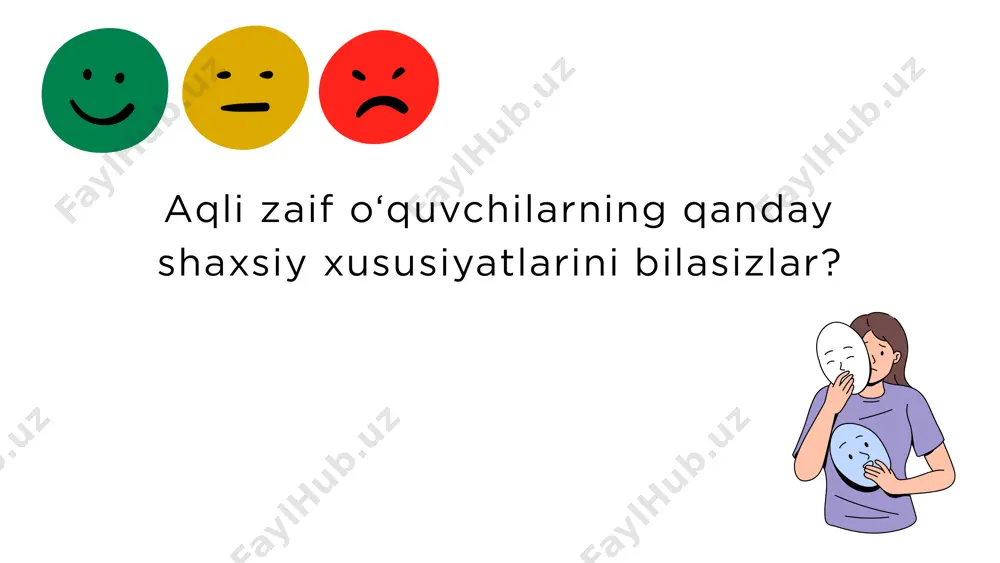 ga biron bir masala yoki topshiriq berilsa, ular boshqa bolalarga qaraganda ko'proq vaqt talab qilishi mumkin. misol uchun, "olmaning yarmini ol, keyin uni yana ikkiga bo'l" kabi murakkabroq topshiriqni bajarish jarayonida ular topshiriqni qayta ishlashda va tushunishda ko'proq qiyinchiliklarga duch keladilar. axborotni qayta ishlash tezligidagi sekinlik: yangi ma'lumotni tushunib olish va u bilan ishlashda sekinroq agar ulardan bir nechta hayvonlarning nomini eslab qolishni so'rasangiz va keyin bu hayvonlarni "uy hayvonlari" va "yovvoyi hayvonlar" kabi guruhlarga ajratish talab qilinsa, ular bu axborotni guruhlashda qiynalishi mumkin. axborotni bir tizimga solish va guruhlashdagi qiyinchiliklar: agar ularga "dastavval kitobni olib, keyin stulga o'tirib o'qishni boshlagin" kabi bir nechta amaldan iborat ko'rsatma bersangiz, ular bu jarayonning har bir bosqichini tushunib, xotirada saqlab qolishda qiyinchilikka duch kelishlari mumkin. murakkab ma'lumotni tushunishda qiyinchilik: ko'p bosqichli yoki murakkab jarayonlarni tushunishda qiynaladilar masalan, yangi telefon raqamini eslab qolish uchun ular oddiy bolalarga qaraganda ko'proq takrorlashlari kerak bo'lishi mumkin. takrorlash …
