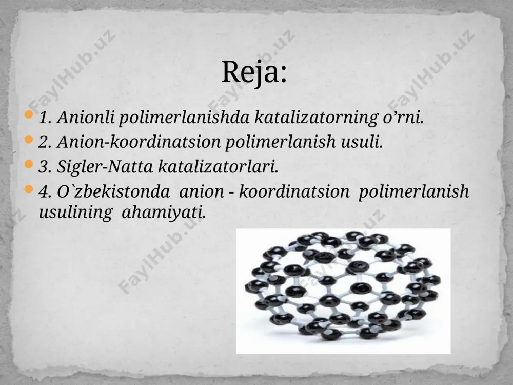 iqsa al- organik birikmaning zanjirning o’sishi bosqichida roli hali to’ la aniq emas. bu haqida 2 xil tahmin (a va b) mavjud: a.ticl 3 +al(c 2 h 5 ) 3 -qattiq koordinatsiya ti-c bog`ini bo‘shatadi va u bog'ga monomeming ma’lum fazoviy holatda birikish imkonini beradi va reaksiya natijasida stereoregulyar polimer hosil bo’ladi. b. alr 3 faol markaz hosil bo’lishida qatnashadi o'zbekistondagi sho‘rtangaz-kimyo majmuasida polietilen ishlab chiqarishda etilenning polimerlanishi anion-koordinasion usulda sigler- natta katalizatori vositasida amalga oshirilmoqda. endi o‘zbekiston har yili polietilen sotib olishga (40-60 ming tonna) sarf bo‘layotgan valyutani tejab o‘zi 50-60 ming tonna polietilenni valyutaga sotadi. /docprops/thumbnail.jpeg презентация powerpoint anionli polimerlanish 1. anionli polimerlanishda katalizatorning o’rni. 2. anion-koordinatsion polimerlanish usuli. 3. sigler-natta katalizatorlari. 4. o`zbekistonda anion - koordinatsion polimerlanish usulining ahamiyati. reja: anionli polimerlanish katalizatori sifatida ishqoriy metallar va ularning amidlari, metall-organik birikmalar, yuqori valentli metall oksidlari va elektrodonor xossalariga ega bo’lgan boshqa moddalar ishlatiladi. katalizator va monomer molekulalari …