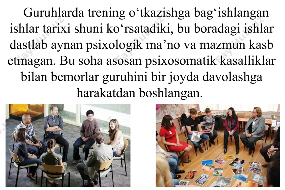 -yillariga kelib psixoterapevtlar orasida guruh bilan ish olib borishga qiziqish ortdi. ulardan biri – psixologiyadagi gumanistik yo‘nalishni rivojlanishiga hissa qo‘shgan olimlardan biri karl rodjers hisoblanadi. uning ishi boshqalardan shunisi bilan farqlanadiki, u guruh boshqaruvchisini mutaxassis yoki mijozni davolovchi shifokor emas, balki, ishtirokchilar bilan teng bo‘lgan, ular bilan o‘zaro teng munosabatda bo‘la oluvchi sherik sifatida qaraydi. 1902-1987 карл рэнсом роджерс 7 1960 yillarda k.rodjersning gumanistik psixologiya an’anasiga mos holda ijtimoiy va hayotiy ko‘nikmalarni shakllantiruvchi treninglar o‘tkazila boshlandi. bu treninglar o‘qituvchilar va menedjerlarning kasbiy malakalarini va tayyorgarligini oshirish maqsadida amalga oshirilgan. hayotiy ko‘nikmalarni shakllantirish yuzasidan olib borilgan treninglarda ishtirokchilarga yo‘naltirilgan uchta asosiy modeldan foydalanilgan. 8 9 birinchi model hayotiy ko‘nikmalarning yetti xil turini o‘z ichiga olgan bo‘lib, bular: muommolarni yecha olish, muloqot, o‘ziga ishonchni saqlab turish, tanqidiy tafakkur, qat’iyatlilik, men – konsepsiyasini rivojlantirish va o‘zini boshqara olish ko‘nikmalaridir. ikkinchi model treningni asosiy maqsadi sifatida hayotiy ko‘nikmalarning to‘rtta kategoriyasini o‘z ichiga oladi. bular: …