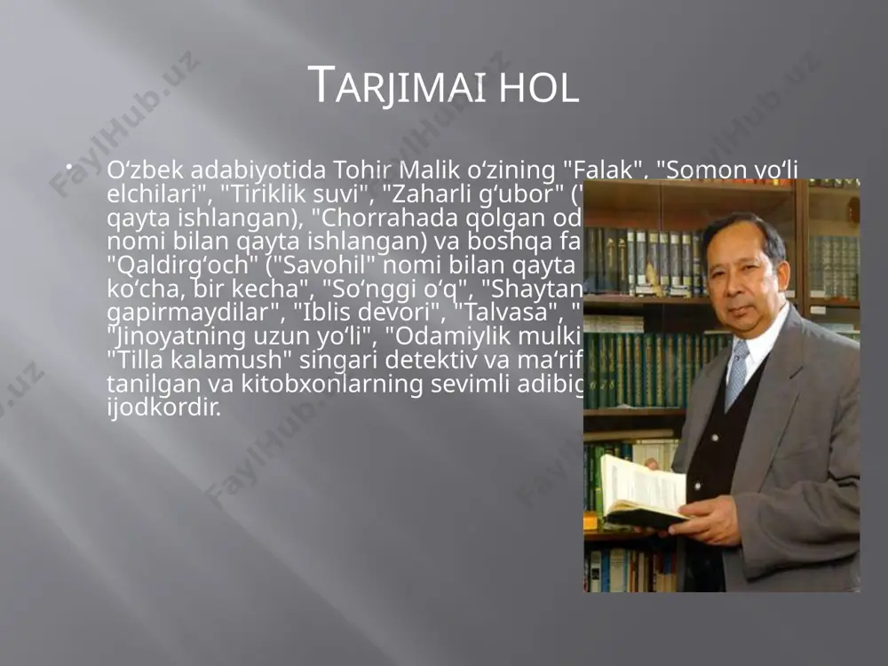 k yillari yozilgan "hikmat afandining oʻlimi" asari oʻzbek adabiyotining fantastika yoʻnalishida yaratilgan birinchi qissa hisoblanadi. yozuvchining bir qator asarlari rus va boshqa tillarga tarjima qilindi. "soʻnggi oʻq" asari asosida yetti qismli, "shaytanat" asari asosida yigirma qismli badiiy fil'mlar suratga olinib, namoyish etildi. faoliyati tohir malik soʻnggi yillarda romannavis sifatida shuhrat qozondi. uning «shaytanat» sarguzasht-detektiv romani oʻzining maʻnaviy-axloqiy muammolari bilan talabchan kitobxon va adabiy jamoatchilik eʻtiborini qozondi. shuningdek, muallif «yov» (1995) nomli qissa ham yaratgan. image2.jpeg image3.jpeg image4.jpeg image5.jpeg image6.jpeg image7.png image8.jpeg image9.jpeg