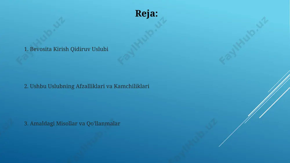 o'lakning birinchi elementini tekshiradi va keyin kerakli bo'lakni ikkilik qidirish orqali qidiradi. b-daraxti indekslari, katta hajmdagi ma'lumotlar bazalarida ishlatiladi va har bir tugunda 2 dan 100 gacha farzand tugunlarni saqlashi mumkin, bu esa diskdagi o'qishlar sonini kamaytiradi. samaradorlik tahlili samaradorlik tahlili natijalari, qidiruvning o'rtacha vaqtini, xotira sarfini hamda topilgan natijalarning aniqligini 95% ishonch oralig'ida ko'rsatadi. samaradorlik tahlili, ma'lumotlar bazasidagi 1000 ta yozuvdan 50tasini 0,01 sekundda topish imkoniyatini beradigan tezkor qidiruv algoritmlarini baholashda muhim rol o'ynaydi. ma'lumotlar tuzilmalari to'g'ridan-to'g'ri murojaat qilish usuli 10 6 ta elementli massivda elementni topishda o(1) murakkablikka ega bo'lib, boshqa metodlarga nisbatan ancha tezroq ishlaydi. xesh-jadvallar, to'g'ridan-to'g'ri murojaat qilishni amalga oshirish uchun keng qo'llaniladigan ma'lumotlar tuzilmasi bo'lib, ular 2 n uzunlikdagi massivlar bilan ishlaydi. murakkablik tahlili murakkablik tahlili algoritmning bajarilish vaqti murakkabligini, masalan, o(n²) yoki o(log n) kabi ifodalash uchun ishlatiladi va bu, kirish ma'lumotlarining hajmi (n) o'zgarganda bajarilish vaqtining qanday o'zgarishini ko'rsatadi. murakkablik tahlili natijalari, masalan, …