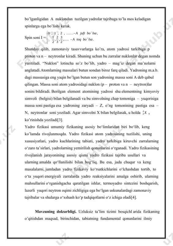 i xili elektr jihatdan neytral bo’lib qolar edi . agar bunday bo’lsa ,yadrolar atrofidagi orbitalarda harakatlanayotgan elektronlar atomda qanday ushlanib turishi tushunarsiz edi . orbitalarda elektronlar gravitatsiya kuchi (butun olam tortishish kuchi) ta’sirida ushlab turiladi deb o’ylash mumkin . biroq hisoblashlarning ko’rsatishicha ,butun olam tortishish kuchi atom yadrosi atrofida harakatlanayotgan elektronlarni orbitada ushlab turishga yetarli emas ekan . 1932-yilda ingliz fizigi ,rezerfordning shogirdi d. chedvik yangi zarra – neytronni kashf etdi .bu kashfiyot yadro fizikasi uchun muhim voqea edi . shu yili fizik olim d.d.ivanenko va nemis fizigi v. geyzenberg neytronning ochilishiga doir tajribalarga tayanib ,atom yadrosining yangi nazariyasini yaratdilar. ular yadrolarda elektronlar bo’lishi mumkin emasligini nazariya ravishda asoslab berdilar . d.d.ivanenko va v. geyzenberg nazariyasiga ko’ra barcha atom yadrolari tarkibiga faqat ikki xil zarra : protonlar va neytronlar kiradi . qator olimlarning kelgusi eksperimental tadqiqotlari bu nazariyaning to’g’ri ekanligini isbot qildi . yadroning proton neytronli nazariyasi hozirgi vaqtda butun …
