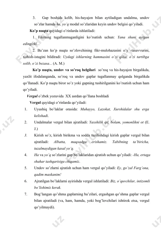 , odob, insof, diyonat- bular inson siyratini bezaydigan fazilatlardir 3. kirish gap bilan gap bo’laklari o’rtasida: muhayyo va lazokat ikkovlari-o’shanda hali tong yorishmagan edi- paxtazor tomon ketishdi. 4. muallif gapi bilan ko’chirma gap orasida. 5. dialog tipidagi ko’chirma gaplarda. 6. kutilmagan voqea-hodisalarni ifodalagan gaplardan oldin: men darrov idoraga yugurdim-yo’qsiz. (o) 7. zid ma’noli gaplar orasida: jismimiz yo’qolur-o’chmas nomimiz. (g’.g’) 8. ajratilgan bo’lak bilan izohlanmish bo’lak orasida: otam-ne’mat anorboev, shu jamoaning faol a’zosi edi. ikki nuqta quyidagi o’rinlarda ishlatiladi: 1. uyushiq bo’laklardan oldin kelgan umumlashtiruvchi so’zdan keyin: daraxtda barcha sayroqi qushlar: sa’va, mayna, bulbul jamlangan edi. 2. bir gap ikkinchi bir gapdan anglashilgan ish-harakatning sababini ko’rsatsa: tuni bilan uxlay olmadim: singan qo’lim bezovta qildi. 3. bir gap ikkinchi bir gapdan anglashilgan ish-harakatning natijasini ko’rsatsa: xonanda bor mahorati bilan kuyladi: o’tirganlarning ko’zida yosh qalqdi. 4. bir gap boshqa bir gapning mazmunini to’ldirsa yoki izohlasa: onam aytar: zerikmay, bolam, to’yga bor, bor. (qo’shiqdan) …