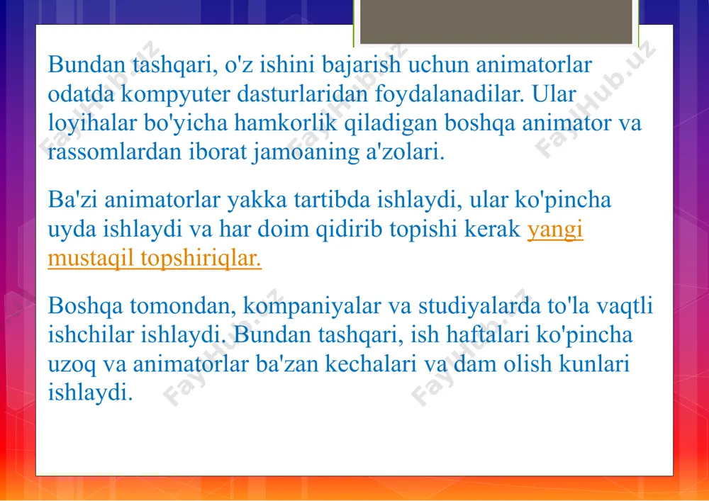 n maydon bo'lishi mumkin. siz ulashgan har bir asarda qilgan ishingiz va loyiha maqsadlaringiz haqida ma'lumotlar bo'lishi kerak. faqat yangi vakuchli qismlarni yaratishda o'zingizning portfelingizni yangilash va g'altakning eng yaxshi ishini baham ko'ring. o'zingizning saytingizda aloqa bo'limini, shuningdek rezyumeni va kelib chiqishi va qiziqishlari haqida qisqacha ma'lumot berishni unutmang. portfel g'oyalari uchun siz boshqa animatorlarning onlayn portfellarini ko'rib chiqishingiz mumkin yoki agar siz maktabda bo'lsangiz, karyera xizmati guruhidan va o'qituvchilaringizdan fikr va mulohazalaringizni so'rashingiz mumkin. bitiruv malakasini oshirishni ko'rib chiqing texnik mahoratini va ijodkorligini yanada oshirishni istagan animatorlar yuqori lavozimlarga magistrlik dasturiga yozilishlari mumkin. tasviriy san'at vavizual effektlar bo'yicha tasviriy san'at ustasi kabi dasturlar animatorlarga 2-d va 3-d dizaynlari orqali hikoya qilish sohasida mahoratni rivojlantirishga yordam beradi. keyingi kompyuter animatsiyasi ta'limi ma'ruzalar va mahorat darslari orqali animatsion filmlarga qo'shma loyihalar va kino va o'yin dizayni sanoatining etakchi animatorlari bilan tarmoq orqali yangi g'oyalarni olishga imkon beradi. animatsiya dasturlari va kurslarini …