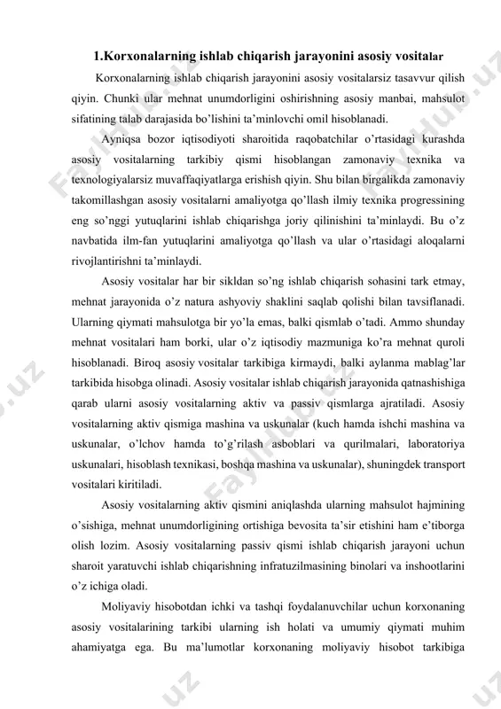 hini ham e’tiborga olish lozim. asosiy vositalarning passiv qismi ishlab chiqarish jarayoni uchun sharoit yaratuvchi ishlab chiqarishning infratuzilmasining binolari va inshootlarini o’z ichiga oladi. moliyaviy hisobotdan ichki va tashqi foydalanuvchilar uchun korxonaning asosiy vositalarining tarkibi ularning ish holati va umumiy qiymati muhim ahamiyatga ega. bu ma’lumotlar korxonaning moliyaviy hisobot tarkibiga kiritiladigan «asosiy vositalarning harakati to’g’risidagi hisobot»da o’z aksini topadi. «asosiy vositalarning harakati to’g’risidagi hisobot»ning asosiy vazifasi 1-sonli bhma «hisob siyosati va moliyaviy hisobot»ning 86-bandida quyidagilar yozilgan: «ushbu hisobot asosiy vositalarning harakati hamda ularning eskirishini hisoblash to’g’risida qo’shimcha axborot beradi. shuningdek, unda ijaraga berilgan yoki olingan asosiy vositalar to’g’risida ham axborot beradi». 3-«asosiy vositalarning harakati to’g’risida hisobot» asosida asosiy vositalarni yalpisiga emas, balki ularning turlari bo’yicha holatini, shuningdek, ta’minlangan va foydalanish samaradorligini mufassal tahlil qilish imkonini beradi. hisobotning mazkur shaklida asosiy vositalarning har bir turi bo’yicha dastlabki qiymati, eskirishi va qoldiq qiymati, shuningdek ularning yil boshidagi qiymati, qancha kelib tushgani va …