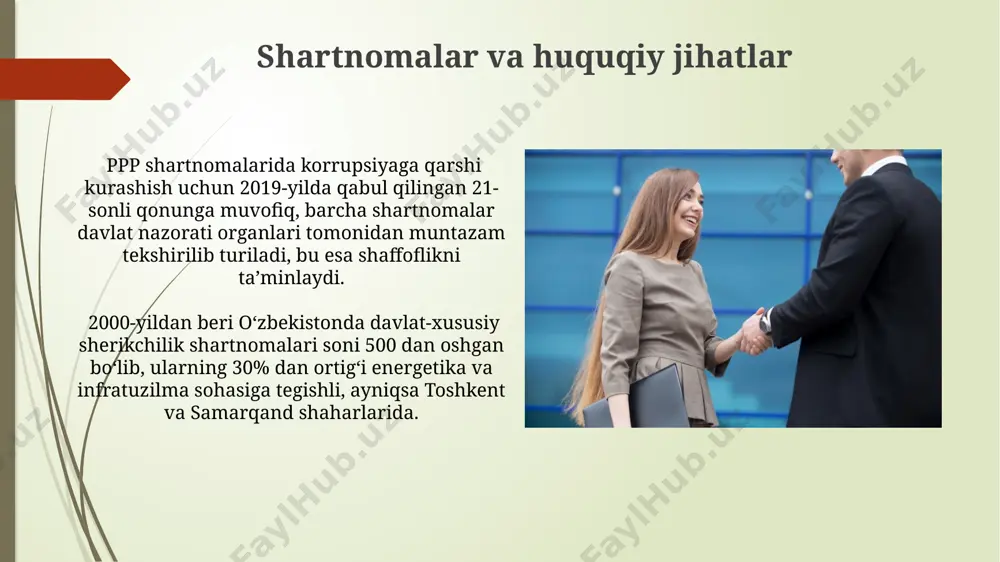 usiy sheriklik loyihalarining 30% ga yaqini, masalan, toshkent shahridagi yo'l rekonstruktsiyasi kabi, byudjetdan ortiqcha mablag' talab qilish bilan yakunlanadi, bu korrupsiyaga olib kelishi mumkin. xususiy sektorning yuqori foyda olishga intilishi, masalan, 15% daromadlilikni ta'minlash maqsadi, ba'zan jamoatchilik manfaatlaridan ustun qo'yilib, xizmatlar narxining oshishiga olib keladi. e'tiboringiz uchun rahmat @taqdimot_robot image1.jpg image2.jpg image3.jpg image4.jpg image5.jpg image6.jpg image7.jpg image8.jpg image9.jpg