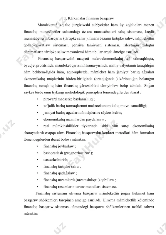 rinen tashkil tabıwı múmkin: • prezident; • joqarı jıynalıs senati hám nızamshılıq palatası hám de finans, byudjet, salıq hám bank máseleleri boyınsha joqarı jıynalıs hár eki palatasınıń tiyisli komitetleri; • ministrler keńesi; • esap palatası ; • finans ministrligi jáne onıń tómen, atap aytqanda, gáziynexanashılıq sisteması shólkemleri; • oraylıq bank; • mámleket salıq komiteti; • mámleket bajıxana komiteti; • qımbatlı qaǵazlar boyınsha komissiya ; • byudjetdan tashqari mámleket maxsus fondlarining ijroiya direktsiyalari • hám basqalar. mámleket prezidenti finanslıq sistemanıń iskerligin tártipke saladı, mámleket byudjetin tastıyıqlaydı, parlament tárepinen qabıl etilgen finanslıq nızamlarǵa “veto” qoyıw huqıqına iye. eki palatadan (senat hám nızamshılıq ) ibarat bolǵan joqarı jıynalıs salıqlar, yig'imlar, soliq xarakteriga ega bo'lmagan to'lovlarni ornatadı, mámleket byudjetin kórip shıǵadı hám tastıyıqlaydı, sonıń menen birge, mámleket byudjetining ijrosi to'g'risidagi hisobotni ham tasdiqlaydi, finanslıq nızamlardı (mısalı, salıq kodeksi hám basqalar ) qabıl etedi. bir vaqtning o'zida mámleket ichki va tashqi qarzining shegaraların belgilew de …