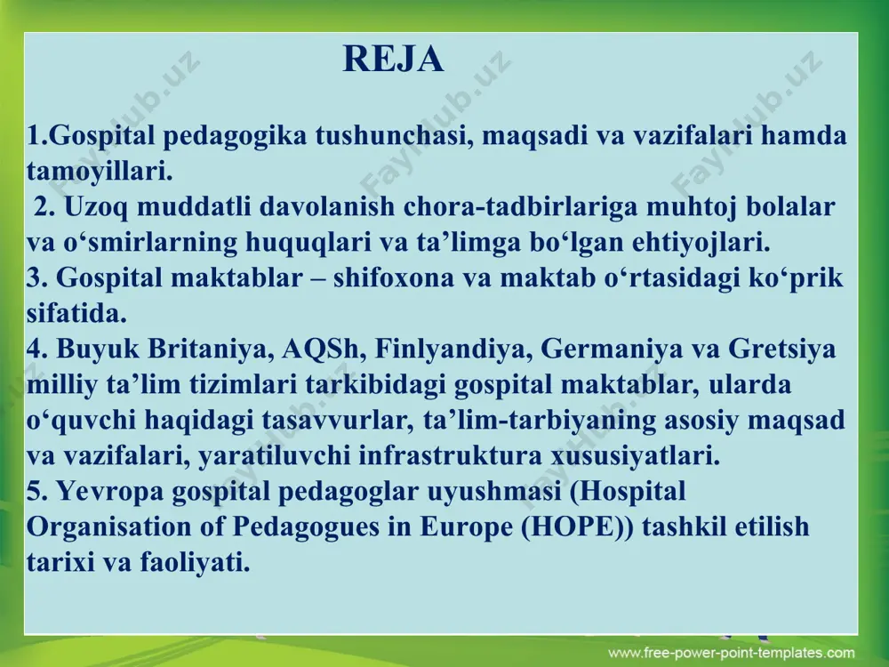 tashkilotlari (shu jumladan sanatoriy); tibbiyot tashkilotining ixtisoslashtirilgan tarkibiy ta'lim bo'linmalari gospital maktablariga quyidagilar kiradi: gospital maktabidagi o'qituvchilar uzoq muddatli davolanayotgan bolaga nisbatan ta'lim faoliyati uzoq muddatli davolanayotgan bolalar bilan ishlash bo'yicha maxsus tayyorgarlikdan o'tgan pedagogik ma'lumotga ega bo'lgan gospital pedagog — mutaxassis tomonidan amalga oshiriladi. kasalxona o'qituvchisi o'z ishida oddiy maktabda qo'llaniladigan an'anaviy usullardan sezilarli darajada farq qiladigan usul va vositalardan foydalanadi. ushbu yondashuvning asosiy ajralib turadigan xususiyatlari: 1.har bir bolaning individual ta'lim ehtiyojlarini hisobga olish zarurati, unga muvofiq har bir bola uchun individual ta'lim yo'nalishlari va individual ta'lim dasturlari ishlab chiqiladi; 2.masofadan o'qitish vositalari va usullariga bo'lgan talabning yuqori darajasi, ayniqsa ta'lim faoliyati aseptik izolyatsiya xonasida davolanayotgan bolaga nisbatan amalga oshirilganda. 3.kichik guruhlarda (shu jumladan ko'p darajali va turli yoshdagi) yoki har bir bola bilan alohida ishlash; 4.kundalik pedagogik amaliyotda o'rganish uchun motivatsiyani saqlashga, aqliy faoliyatini tiklashga, uzoq vaqt kasal bo'lgan bolaning aloqa va ijtimoiylashuv qobiliyatini rivojlantirishga qaratilgan o'yin …