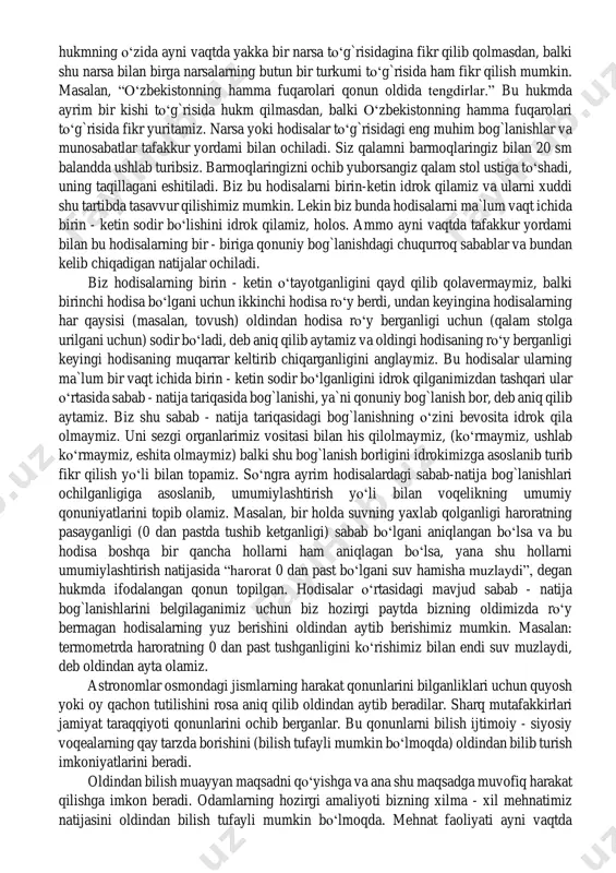 idagi bog`lanishlarni fikran, umumlashtirib, vositali yo‘l bilan aks ettirishga aytiladi. voqelik tafakkurda, idrok va tasavvurgina nisbatan chuqurroq va to‘laroq aks etadi. biz sezgi, idrok vositasi bilan bilib olishimiz mumkin bo‘lmagan narsa yoki hodisalarni, narsa yoki hodisalarning xususiyatlarini, ularning bog`lanish va munosabatlarini tafakkur vositasi bilan bilib olamiz. masalan: bizga ma`lumki, agar yorug`lik nuri shisha prizma orqali o‘tkazilsa bu nur spektorni etti rangiga ajralib ketadi. bu ranglarni biz idrok qilamiz (ko‘zimiz bilan ko‘ramiz). lekin fizikadan bizga shu narsa aniqki, bu nurlardan bo‘lak yana boshqa nurlar ham bor. bu nurlar infraizil, ul’trabinafsha nurlar deb ataladi. bu nurlarni biz ko‘rmaymiz. bunday nurlarni borligi tafakkur yordami bilan kashf qilingan. biz tasavvur qilishimiz mumkin bo‘lgan ko‘pgina hodisalar bor. biz bu hodisalar to‘g`risida faqat fikr yurita olamiz. tafakkur voqelikni umumlashtirib aks ettirishdir. biz ayrim narsalarni va hodisalarni, masalan, alohida stolni yoki stulni idrok qilamiz, tasavvur qilamiz, ammo umuman stol va stul to‘g`risida fikrlashimiz mumkin. umumlashtirish natijasida bir …