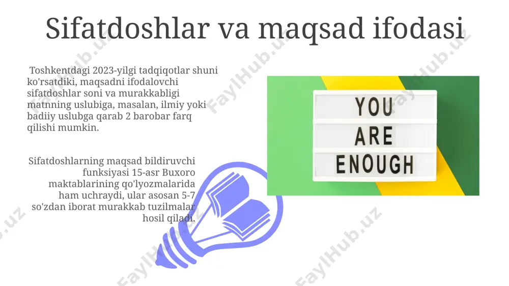 a bo'linadi: 1) - uchun, 2) - deb, 3) - ga, ularning har biri samarqand viloyatining turli shevalarida 5 dan ortiq qo'shimcha ma'nolarni ifodalaydi. misollar va tahlil namangan viloyati maktablari o'quvchilarining 200 dan ortiq insho tahlilida, maqsad ifodalovchi 4 ta asosiy ot kesimlarining chastotasi aniqlangan va natijalar 2024-yilgi konferensiyada taqdim etiladi. toshkent shahridagi 3 ta universitetning lingvistika bo'limlarida o'tkazilgan tahlillar 7 turdagi maqsad bildiruvchi ot kesimlarini aniqladi, bu esa 10% yangi tendentsiyani ko'rsatadi. maqsadga oid ot kesimlaridagi qo‘shimchalar maqsadga oid ot kesimlarida 2 ta asosiy qo‘shimcha – “uchun” va “deb” qo‘llaniladi. masalan, “kitob o‘qish uchun” yoki “imtihon topshirish deb” kabi iboralarda samarqanddagi 3-maktab o‘quvchilari bunday misollarni tez-tez ishlatishadi. “uchun” qo‘shimchasi maqsadni bildirish bilan birga, sababni ham ifodalashi mumkin. masalan, 1000 ta so‘zdan iborat matnni tarjima qilish uchun 2 soat vaqt kerak bo‘ldi. bu misolda, vaqt miqdori maqsadga erishish uchun sarflangan vaqtni ko‘rsatadi. predloglar va maqsad ifodasi toshkentdagi 2023-yilgi tadqiqotlarga ko'ra, …