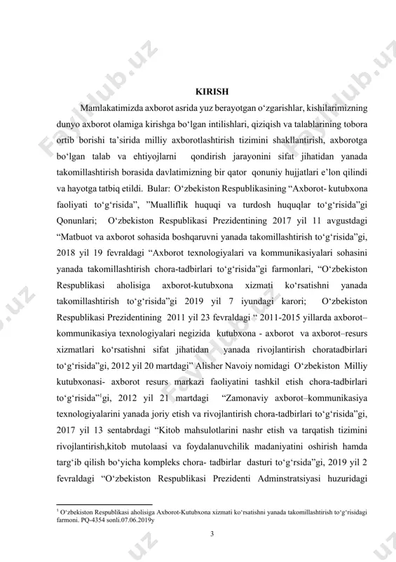rkazi faoliyatini tashkil etish chora-tadbirlari tо‘g‘risida”[footnoteref:1]gi, 2012 yil 21 martdagi “zamonaviy axborot–kommunikasiya texnologiyalarini yanada joriy etish va rivojlantirish chora-tadbirlari tо‘g‘risida”gi, 2017 yil 13 sentabrdagi “kitob mahsulotlarini nashr etish va tarqatish tizimini rivojlantirish,kitob mutolaasi va foydalanuvchilik madaniyatini oshirish hamda targ‘ib qilish bо‘yicha kompleks chora- tadbirlar dasturi tо‘g‘rsida”gi, 2019 yil 2 fevraldagi “о‘zbekiston respublikasi prezidenti adminstratsiyasi huzuridagi axborot va ommaviy kommunikasiyalar agentligi faoliyatini tashkil etish tuо‘risida”gi qarorlaridir. kutubxonachilik ishi sohasini tubdan о‘zgartirishga asos bо‘lgan о‘zbekiston respublikasi prezidenti tomonidan 2019 yil 7 iyunda qabul qilingan “ о‘zbekiston respublikasi aholisiga kutubxona - axborot xizmati kо‘rsatishni yanada takomillashtirish tо‘g‘risida”gi pq-4354-sonli qarori[footnoteref:2]da axoliga kutubxona-axborot xizmati kо‘rsatishni sifat jixatidan yanada rivojlantirish maqsadida axborot-kommunikasiya texnologiyalarining rivojlanishi va zamonaviy umumjahon tendensiyalarini hisobga olgan holda kutubxona-axborot faoliyatini tubdan isloh qilish, mavjud meyoriy xuquqiy bazani takomillashtirish, sohaning moddiy-texnika bazasini mustahkamlash, davlatxususiy sheriklikni , xususiy va elektron (virtual) kutubxona tarmog‘ini rivojlantirish, fondlarning yaxshi saqlanishini ta’minlash, tariximiz va milliy madaniyatimizga qiziqishni shakllantirish va …