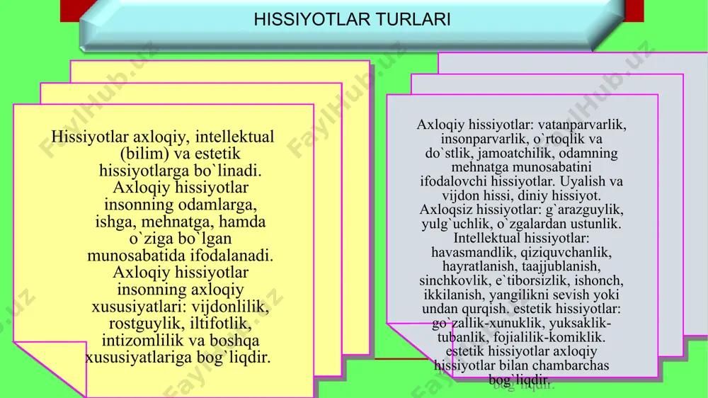 amni kuchli, chuqur larzaga keltiradigan his-tuyg`ular oqibatidagi emosional holat. ular kuchli psixik zur berishlarda: xavf - xatar vaqtida, ortiqcha jismoniy va aqliy mehnat qilishda, faoliyatning juda qiyin va mas`uliyatli damlarida vujudga keladi. стресснинг қандай турлари мавжуд? «қандай? » иерархик диаграммаси информацион эмоционал физиологик психологик эмоционал стрессга олиб келувчи қандай сабаблар мавжуд? «қандай? » иерархик диаграммаси фалокат ehtiroslar ehtiros (havas) - kuchli va shu bilan birga uzoq vaqt davom etadigan, qandaydir bir qiziqish, intilish va faoliyat bilan bog`liq bo`lgan barqaror his-tuyg`ulardir. masalan, kishi fan, musiqa, sportga havas quyishi mumkin. kishilarda ularning psixik va jismoniy holatiga yomon ta`sir ko`rsatadigan havaslar ham bo`ladi. ular orasida ichkilikbozlikka, narkotiklarga (giyohvandlikka), qimor o`yinlariga hirs qo`yishni ko`rsatish mumkin. agar kishi o`zida ana shu havaslarni engish uchun iroda kuchini topa olmasa, ular uning sog`ligiga zarar etkazadi va hatto halokatga ham olib borishi mumkin. ayrim havaslar ancha barqaror bo`lib, uzoq davom etadi va kishini hayajonlantirib, nisbatan osoyishta o`tadi. lekin …