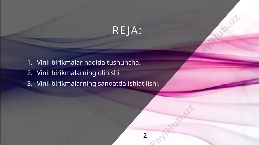 shlatiladi, bog'lovchi materiallar, matolar uchun o'lchov agentlari, emulsifikatorlar va himoya kolloidlar sifatida ishlatiladi. 5 ii. vinil birikmalarning olinishi vinil yoki alkil-alkenil efirlar umumiy qoidalar bo'yicha nomlanadi. vinil efirlar asosan alkinlarga alkanollarni biriktirib olinadi.shuningdek galogendialkil efirlardan ham foydalanish mumkin: 6 ii. vinil birikmalarning olinishi vinil efirlarning reaksiyalari asosan qutblangan qoʻshbogʻning mavjudligibilan belgilanadi. vinil efirlari qoʻshbog' bo'yicha elektrofil reagentlarnibirikishipolimerlanish reaksiyalariga kirishadi. alkoksiguruhningelektronodonor ta'siri natijasida birikish reaksiyasi oson boradi. vinil efirlar asosan alkinlarga alkanollarni biriktirib olinadi. shuningdek galogendialkil efirlardan ham foydalanish mumkin 7 iii. vinil birikmalarning sanoatda ishlatilishi vinil konlari sanoatda keng qo'llaniladi. vinil moslashuvchan, bardoshli va suvga chidamli materialdir, shuning uchun u ko'plab sohalarda turli maqsadlarda qo'llaniladi. sanoatda vinil konlaridan foydalanish misollari: 1.reklama sanoati 2.qurilish sanoati 3.avtomobilsozlik 4.qadoqlash sanoati 5.to’qimachilik sanoati 8 iii. vinil birikmalarning sanoatda ishlatilishi 1.reklama sanoatida: vinil tashqi reklama, bannerlar, tabelalar va bannerlarda keng qo'llaniladi. buning sababi, vinil bosib chiqarish uchun mos va tashqi sharoitlarga chidamli. 9 iii. vinil …