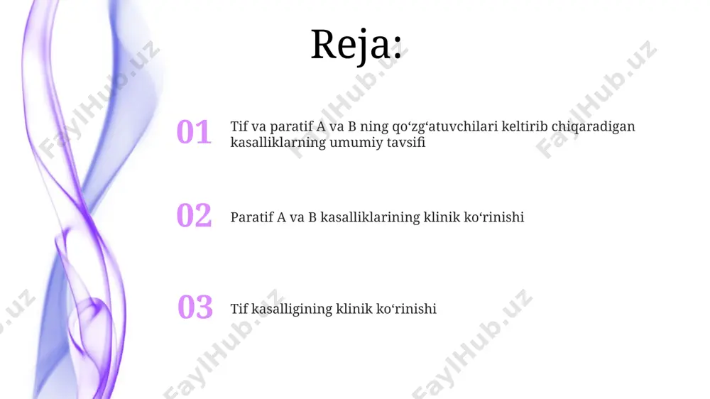 dogʻlar koʻrinishida boʻlib, tananing turli qismlariga tarqaladi. tifning klinik koʻrinishi tifoidning oʻtkir asoratlari ichida ichak teshilishi (perforatsiya) va qon ketishi 1-3% hollarda uchraydi, bu esa jarrohlik aralashuvini talab qiladigan jiddiy holatdir. taxminan 5-10% hollarda tif va paratif a va b bakteriyalarining sepsisga olib kelishi mumkin, bu holatda bemorlarda qon zaharlanishi belgilari kuzatiladi, shu jumladan qaltirash, koʻp terlash va shok holati. paratif b ning klinik koʻrinishi paratip b bilan kasallangan bemorlarda 1-3 kun ichida 38-39°c gacha isitma, qusish, diareya va qorin og'rig'i kuzatiladi, bu salmonellyozning o'tkir bosqichini ko'rsatadi. paratip b infeksiyasi o'tkir bosqichida leykopeniya (5x10⁹/l dan kam) va limfopeniya (umumiy leykotsitlar sonining 20% dan kam) kuzatilishi mumkin. tashxis qoʻyish usullari suyak iligi punksiyasi orqali bakterial madaniyat o'stirish, taxminan 1-3 hafta davom etadi va yuqori aniqlikni ta'minlaydi. qon tahlilida widal reaksiyasi orqali o va h antigenlariga qarshi antitellar aniqlanadi, titri 1:160 dan yuqori bo'lsa, tayyorlanishi mumkin. e'tiboringiz uchun rahmat @taqdimot_robot image4.jpg image5.jpg …