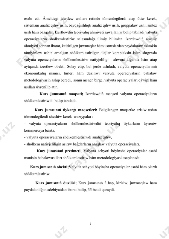 q tiykarların úyreniw kommerciya banki, - valyuta operaciyaların shólkemlestiriwdi analiz qılıw, - shólkem natiyjeliligin asırıw baǵdarların anıqlaw valyuta operaciyaları. kurs jumısınıń predmeti; valyuta schyoti bóyinsha operaciyalar esabi manisin bahalawusılları shólkemlestiriw hám metodologiyasi esaplanadı. kurs jumısınıń obekti;valyuta schyoti bóyinsha operaciyalar esabi hám olardı shólkemlestiriw. kurs jumısınıń duzilisi; kurs jumısınıń 2 bap, kirisiw, juwmaqlaw ham paydalanilģan adebiyatdan ibarat bolip, 35 betdi quraydi. i bólim. valyuta schyoti boyinsha operaciyalariniń esabin paydalaniwdiń teoriyaliq tiykarlari 1.1. valyuta schyoti bóyinsha operaciyalar esabi tusinigi hám ónıń turleri. valyuta operaciyaları -bul satıp alıw hám satıw shártnamaları, shet el valyutasın anıq esap -kitaplar hám kreditge beriw arnawlı bir sánede orınlanǵan shártler esaplanadi. valyutanıń tiykarǵı kólemi operaciyalar kommerciya bankleri tárepinen ámelge asıriladı. bul jerde esap -kitaplar saqlanadı hám ámelge asıriladı. valyuta bazarı qatnasıwshıları tárepinen zárúr konversiya operaciyaları. sonıń menen birge kommerciya bankleriniń ózleri, klientlerdiń talapların qandırıwdan tısqarı, tómendegilerdi ámelge asırıwları múmkin.sonı atap ótiw kerek, valyuta operaciyalarınıń tiykarǵı úlesi ámeldegi konversiya …