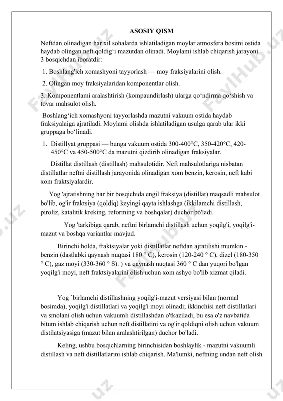 n mos bo'lgan avt vakuum kolonkasida yog' distillatlari va qoldiq - smola olinadi, odatda ikkita moy distillati olinadi: past viskoziteli neft distillati (mdm), fraktsiyasi 350-420 ° s; yuqori viskoziteli neft distillati (mdv), fraktsiyasi 420-500 ° s; qolgan qismi 500 °c dan yuqori qaynayotgan smoladir. yaqinda ular neftning keng qismini (sf) olishni boshladilar, ular bir qator tozalashlardan so'ng 2-3 tor fraktsiyalarga bo'linadi. neft ishlab chiqarishning ikkinchi bosqichi - tozalangan asosiy moylar-komponentlarni ishlab chiqarish. ularni ishlab chiqarish texnologiyasi bir qator jarayonlarni o'z ichiga oladi, ularning maqsadi quyidagilar: 1-qattiq asfaltenlarni smoladan propan bilan olib tashlash; 2-uglevodorod guruhlari va neftda mavjudligi istalmagan birikmalarni (asfalt-qatronli birikmalar, past yopishqoqlik indeksiga ega polisiklik aromatik uglevodorodlar va qattiq parafinli uglevodorodlar) olib tashlash; 3-yog'ni gidrotozalash yoki kontaktdan keyingi ishlov berish keng fraksiyani tozalash ketma-ketligi rasmda nuqta chiziq bilan ko'rsatilgan va uning oxirida (aralashdan oldin) yog'larni past yopishqoqlik, o'rta yopishqoqlik va yuqori yopishqoqlikka (mvm, svm) fraksiyalash uchun o'rnatish mavjud. va …
