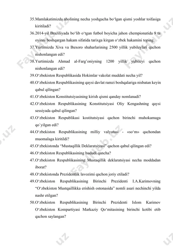 stitutsiyasi qachon birinchi muhokamaga qo`yilgan edi? 44. o‘zbekiston respublikasining milliy valyutasi - «so‘m» qachondan muomalaga kiritildi? 45. o‘zbekistonda “mustaqillik deklaratsiyasi” qachon qabul qilingan edi? 46. o‘zbekiston respublikasining hududi qancha? 47. o‘zbekiston respublikasining mustaqillik deklaratsiyasi necha moddadan iborat? 48. o‘zbekistonda prezidentlik lavozimi qachon joriy etiladi? 49. o‘zbekiston respublikasining birinchi prezidenti i.a.karimovning “o‘zbekiston mustqaillikka erishish ostonasida” nomli asari nechinchi yilda nashr etilgan? 50. o‘zbekiston respublikasining birinchi prezidenti islom karimov o‘zbekiston kompartiyasi markaziy qo‘mitasining birinchi kotibi etib qachon saylangan? 51. sovet ittifoqini ijtimoiy-iqtisodiy inqirozdan olib chiqishga qaratilgan “qayta qurish” siyosatining tashabbuskorini toping. 52. “o‘zbekiston tarixi” telekanali o‘z ko‘rsatuvlarini qaysi sanadan boshlab efirga uzata boshladi? 53. o‘zbekiston respublikasining birinchi prezidenti i.a.karimovning “tarixiy xotirasiz kelajak yo‘q” asari nechinchi yilda yozilgan? 54. 2020 yil 14 oktabr kuni bmt bosh assambleyasida о’zbekiston bmt … kо’pchilik ovoz bilan tarixda birinchi marta uch yillik muddatga saylandi? 55. o‘zbekiston respubikasi prezidenti sh.m.mirziyoyev qachon bmt bosh assambleyasining 75-sessiyasida qachon o‘zbek tilida …